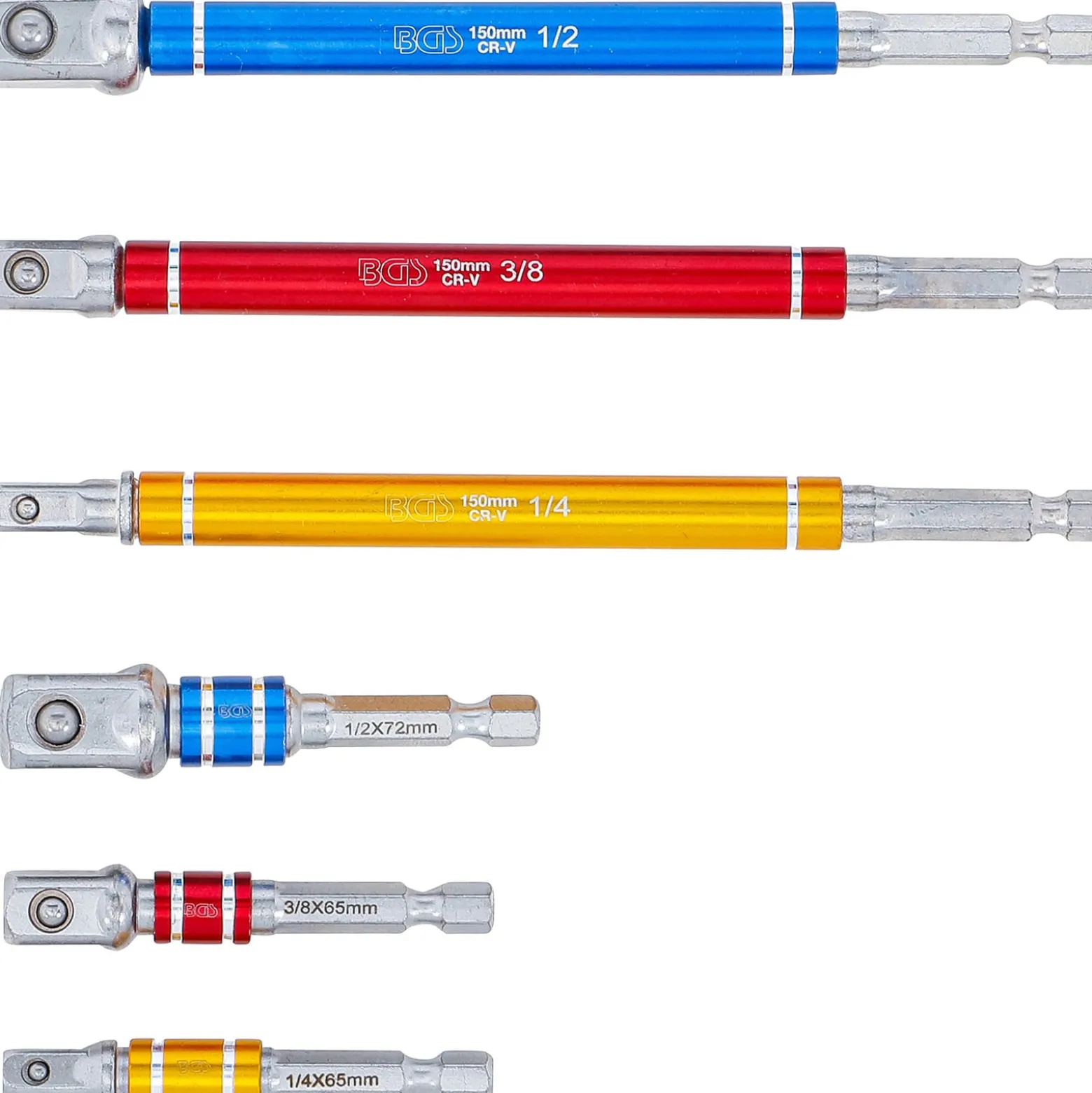 BGS Adapter-Satz für Bohrmaschinen farbig Antrieb Außensechskant 6,3 mm (1/4") Abtrieb Außenvierkant 6,3 mm (1/4") / 10 mm (3/8") / 12,5 mm (1/2") 75 - 150 mm 6tlg. - 74424