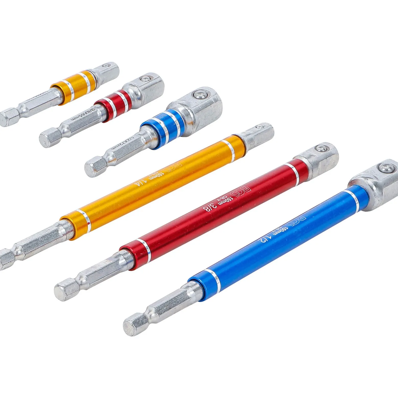 BGS Adapter-Satz für Bohrmaschinen farbig Antrieb Außensechskant 6,3 mm (1/4") Abtrieb Außenvierkant 6,3 mm (1/4") / 10 mm (3/8") / 12,5 mm (1/2") 75 - 150 mm 6tlg. - 74424