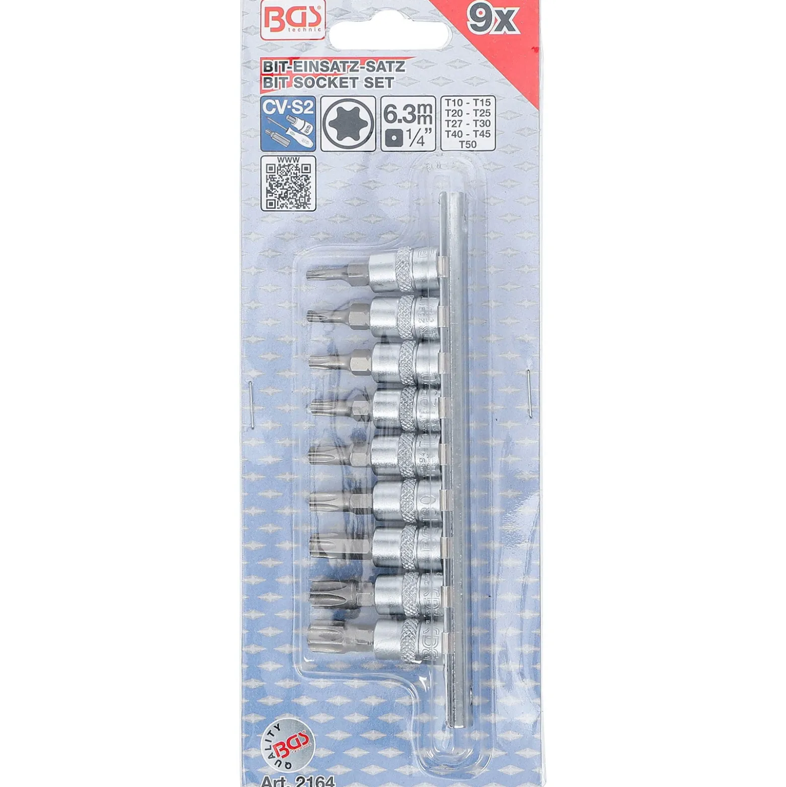 BGS Bit-Einsatz-Satz Antrieb Innenvierkant 6,3 mm (1/4") T-Profil (für Torx) T10 - T50 9tlg. - 2164