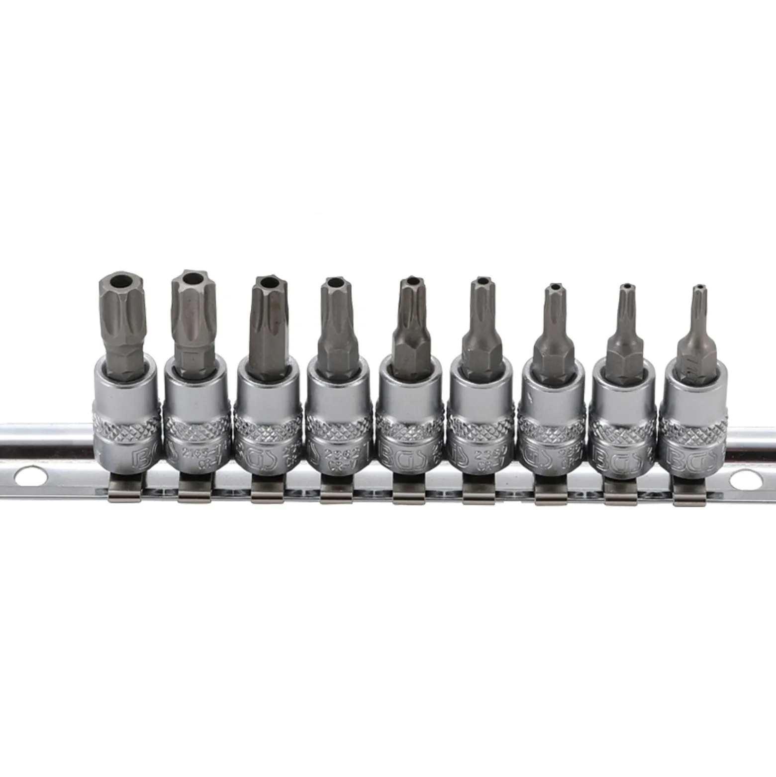 BGS Bit-Einsatz-Satz Antrieb Innenvierkant 6,3 mm (1/4") T-Profil (für Torx) mit Bohrung T10 - T50 9tlg. - 2165