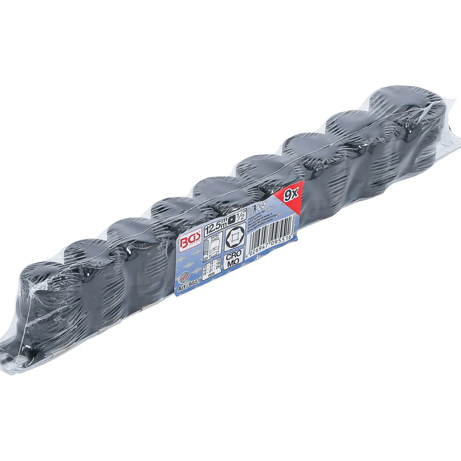 BGS Kraft-Steckschlüssel-Einsatz-Satz Sechskant, extra flach Antrieb Innenvierkant 12,5 mm (1/2") SW 13 - 24 mm 9tlg. - 9551