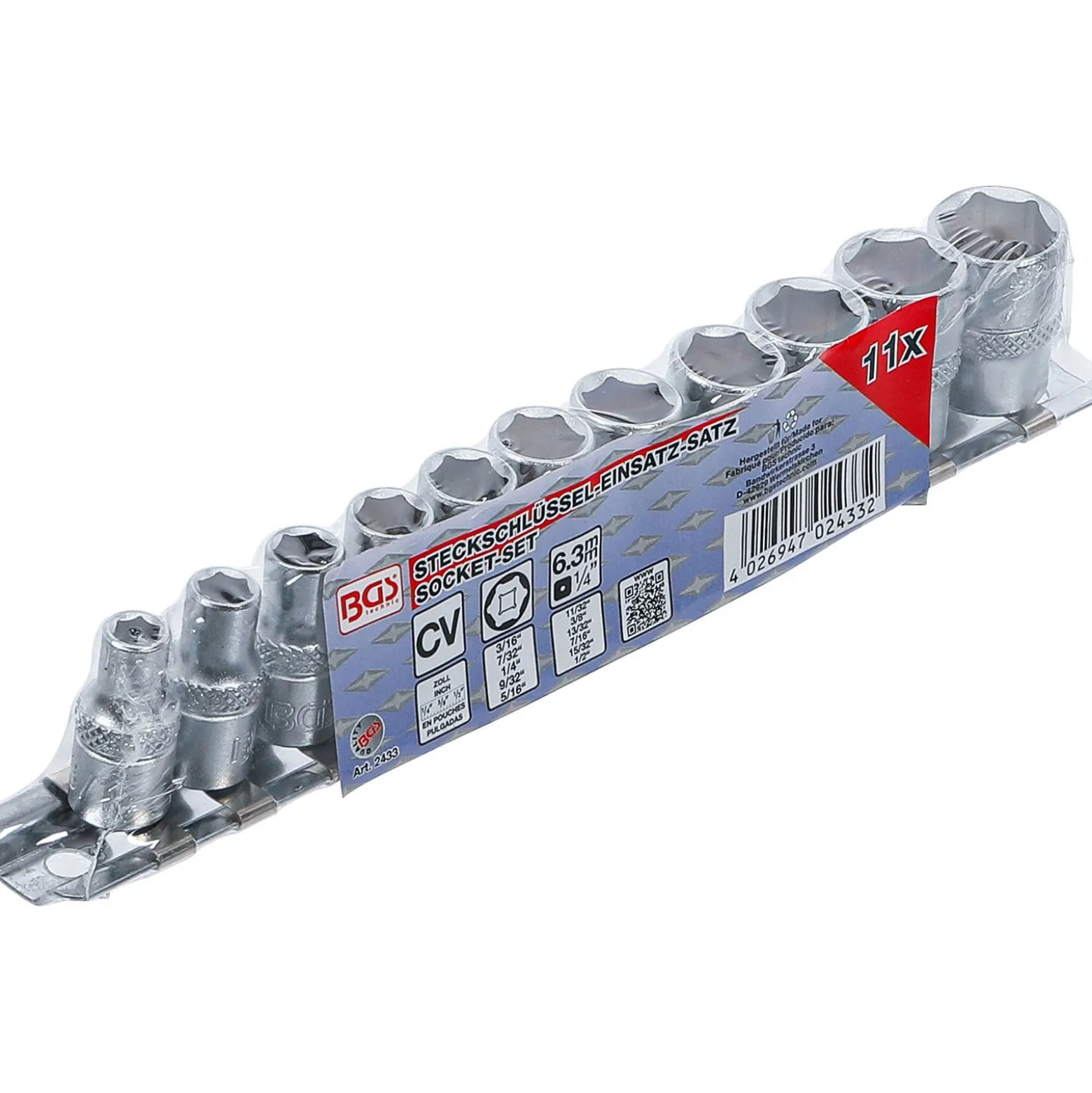 BGS Steckschlüssel-Einsatz-Satz Sechskant Antrieb Innenvierkant 6,3 mm (1/4") Zollgrößen 11tlg. - 2433