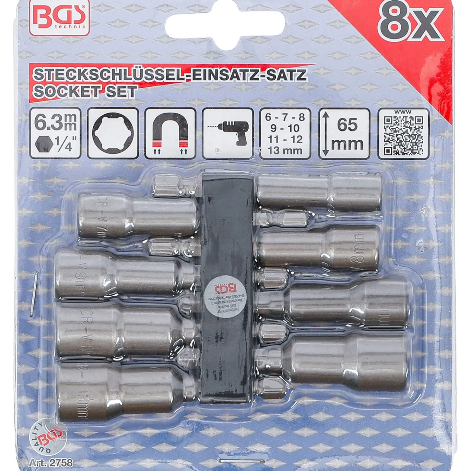BGS Steckschlüssel-Einsatz-Satz Sechskant Antrieb Außensechskant 6,3 mm (1/4") SW 6 - 13 mm 8tlg. - 2758