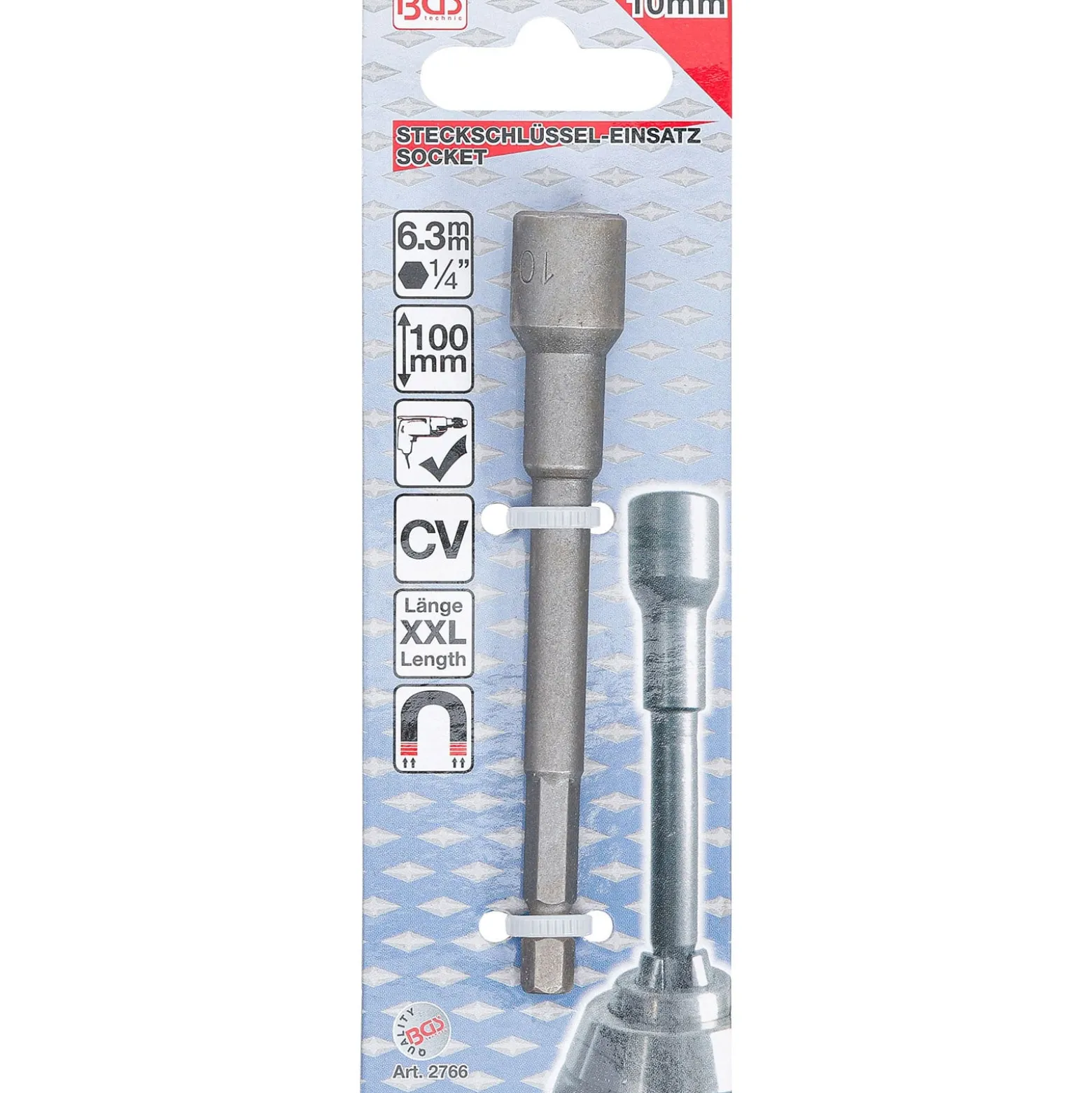 BGS Steckschlüssel-Einsatz Sechskant extra lang für Bohrmaschinen Antrieb Außensechskant 6,3 mm (1/4") SW 10 mm - 2766
