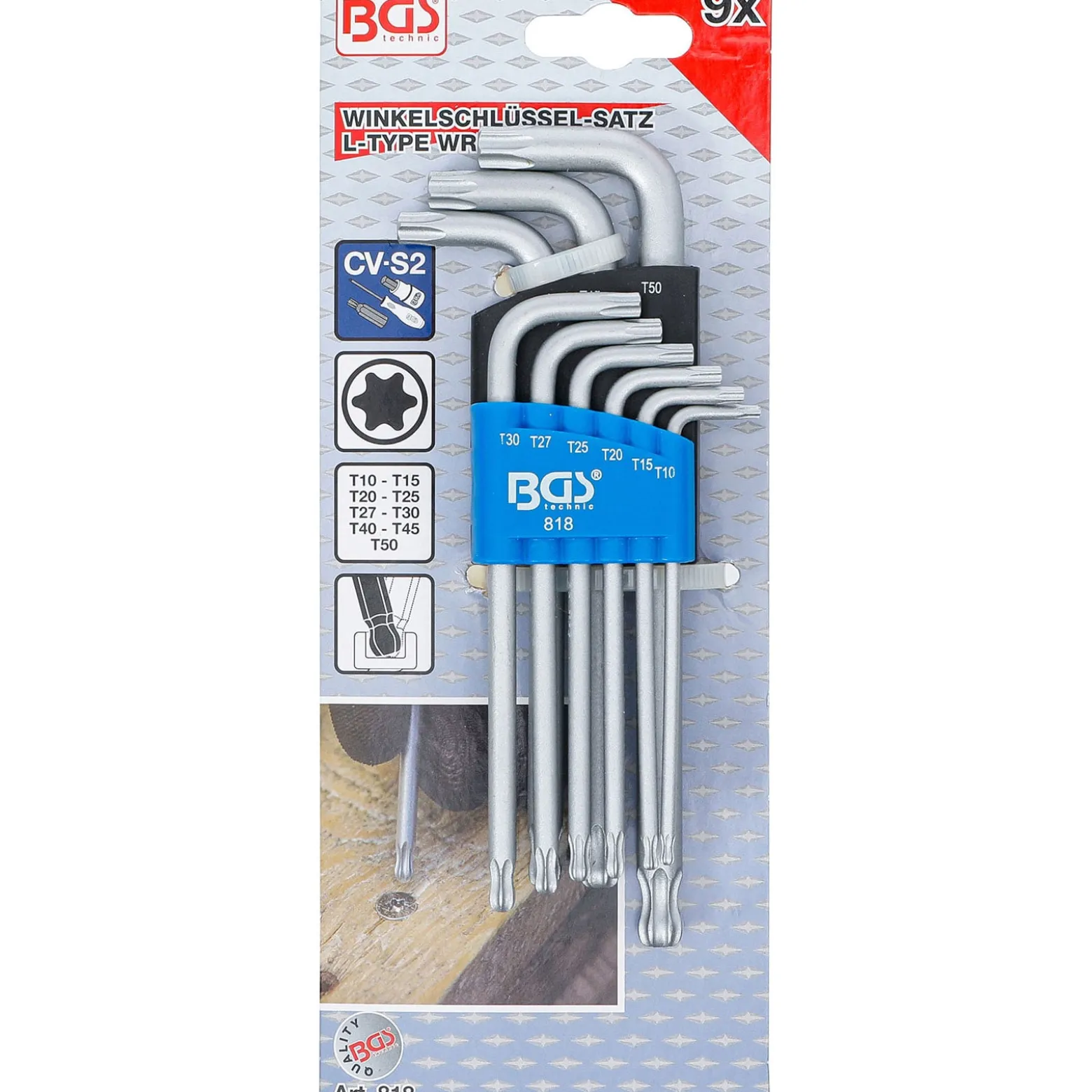 BGS Winkelschlüssel-Satz T-Profil (für Torx) mit Kugelkopf T10 - T50 mm 9tlg. - 818