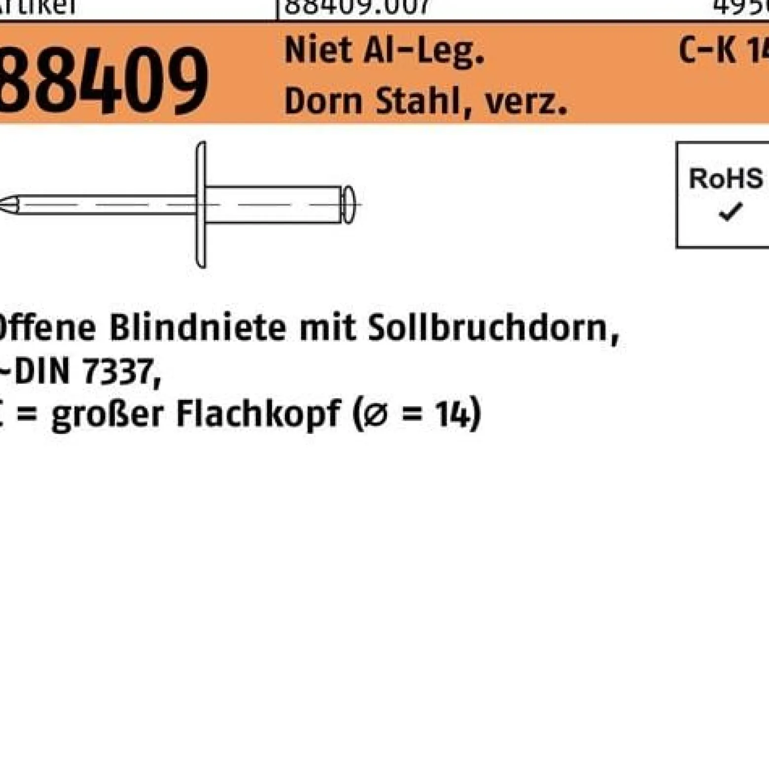 Blindniete R 88409 großer FLAKO 5x8 Niet Aluminium/Dorn Stahl verz. 250St.