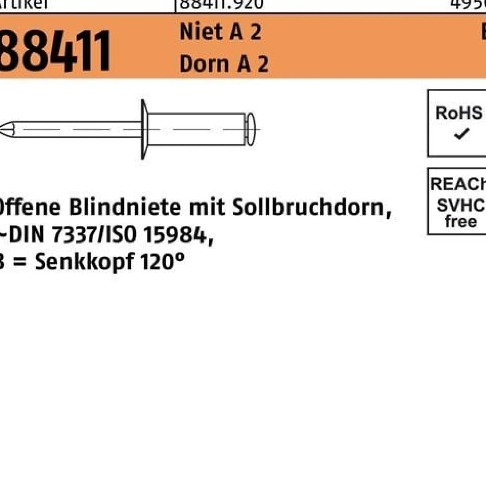 Blindniete R 88411 SEKO B 4x 8 Niet A 2/Dorn A 2 500 Stück