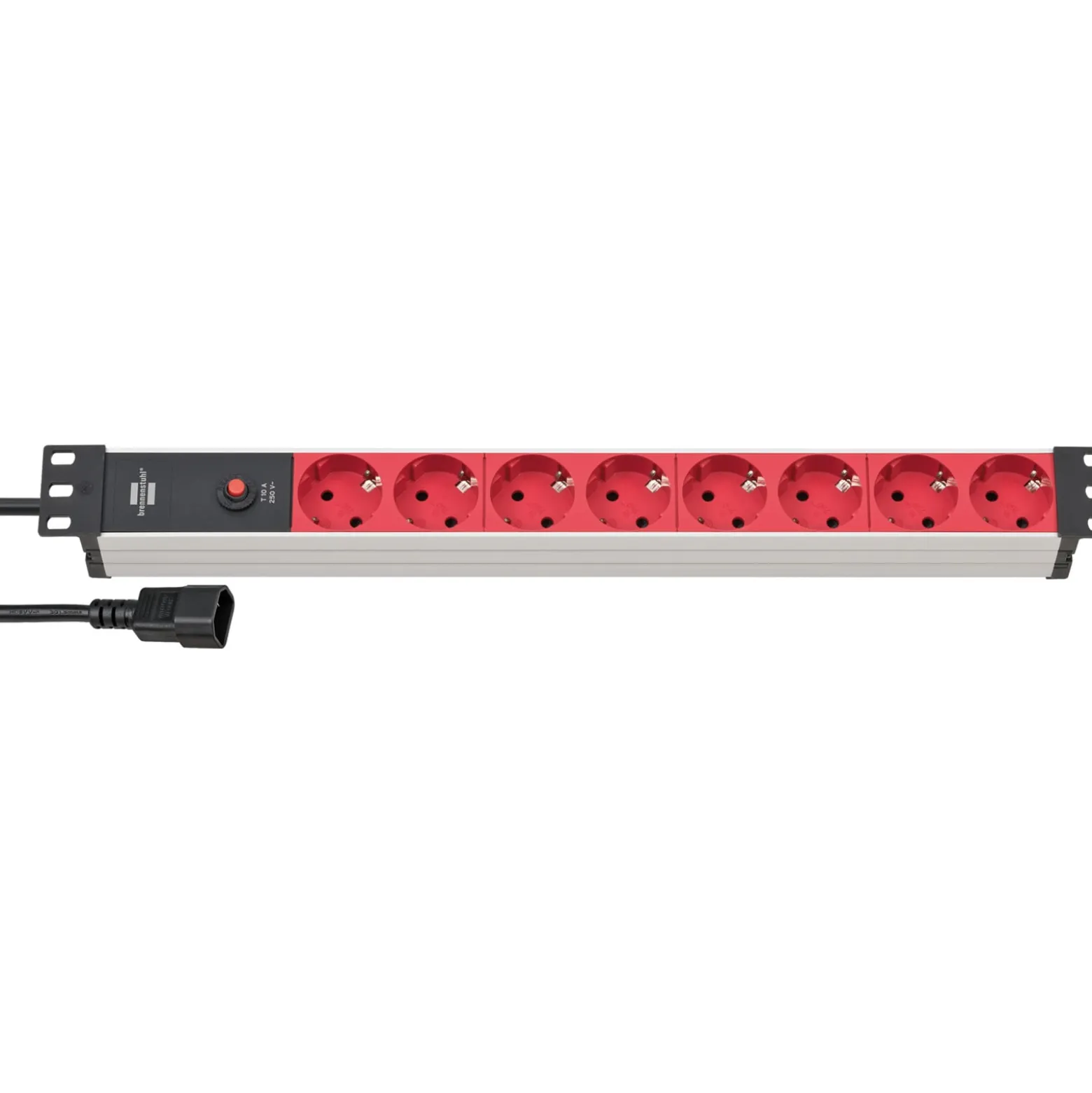 Brennenstuhl Alu-Line 19" Steckdosenleiste für Schaltschränke mit 10A Sicherungsautomat und Kaltgerätestecker IEC C14 8-fach silber/rot 2 m H05VV-F 3G1,0 - 1390007118