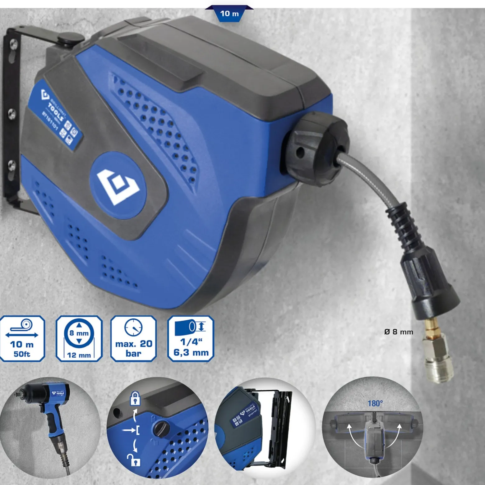 BRILLIANT TOOLS Automatischer Druckluftschlauch-Aufroller Ø 8 mm x 10 m - BT161101