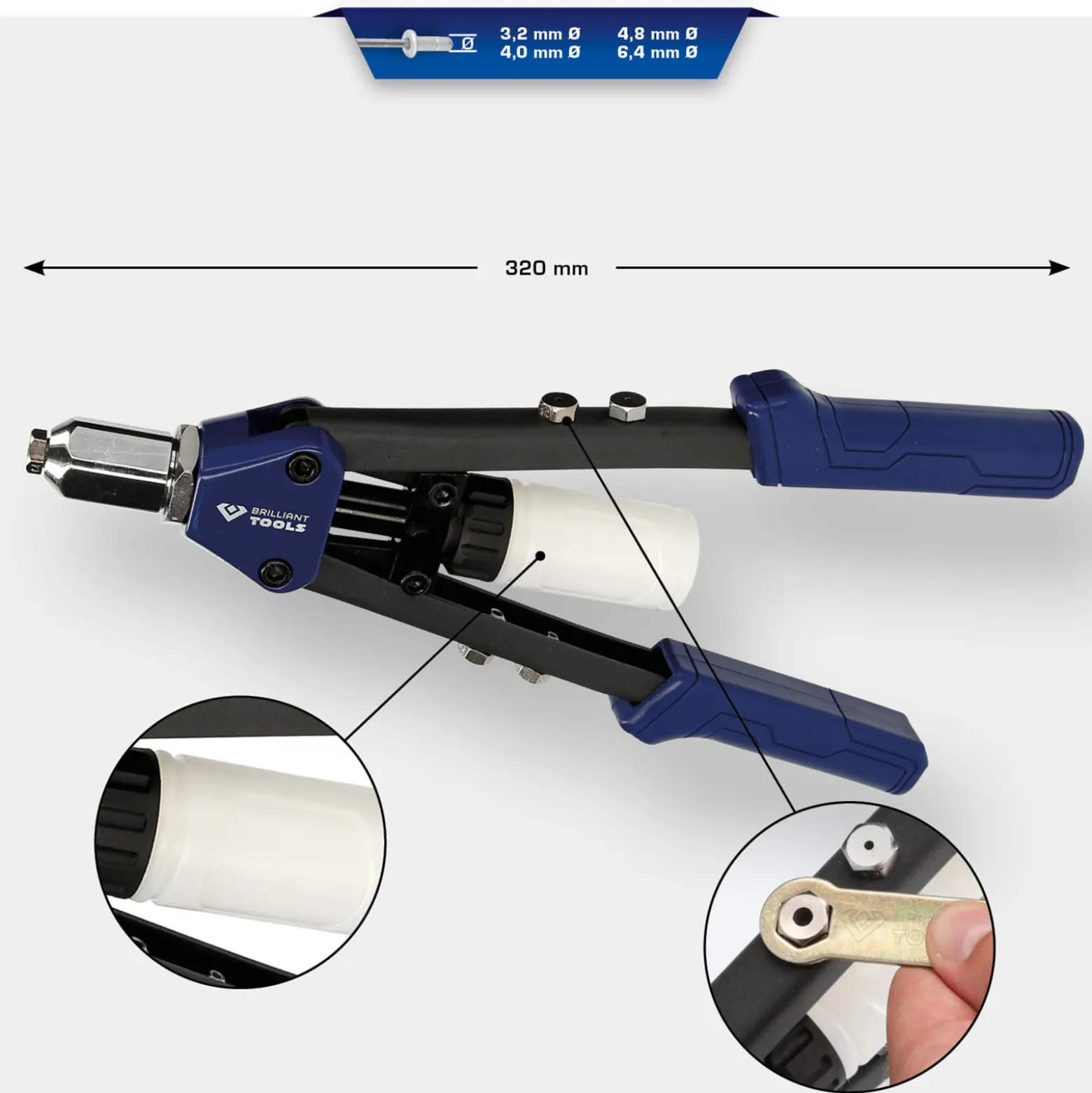 BRILLIANT TOOLS Handnietzange für Ø 3,2-4,0-4,8-6,4 mm Nieten - BT066900