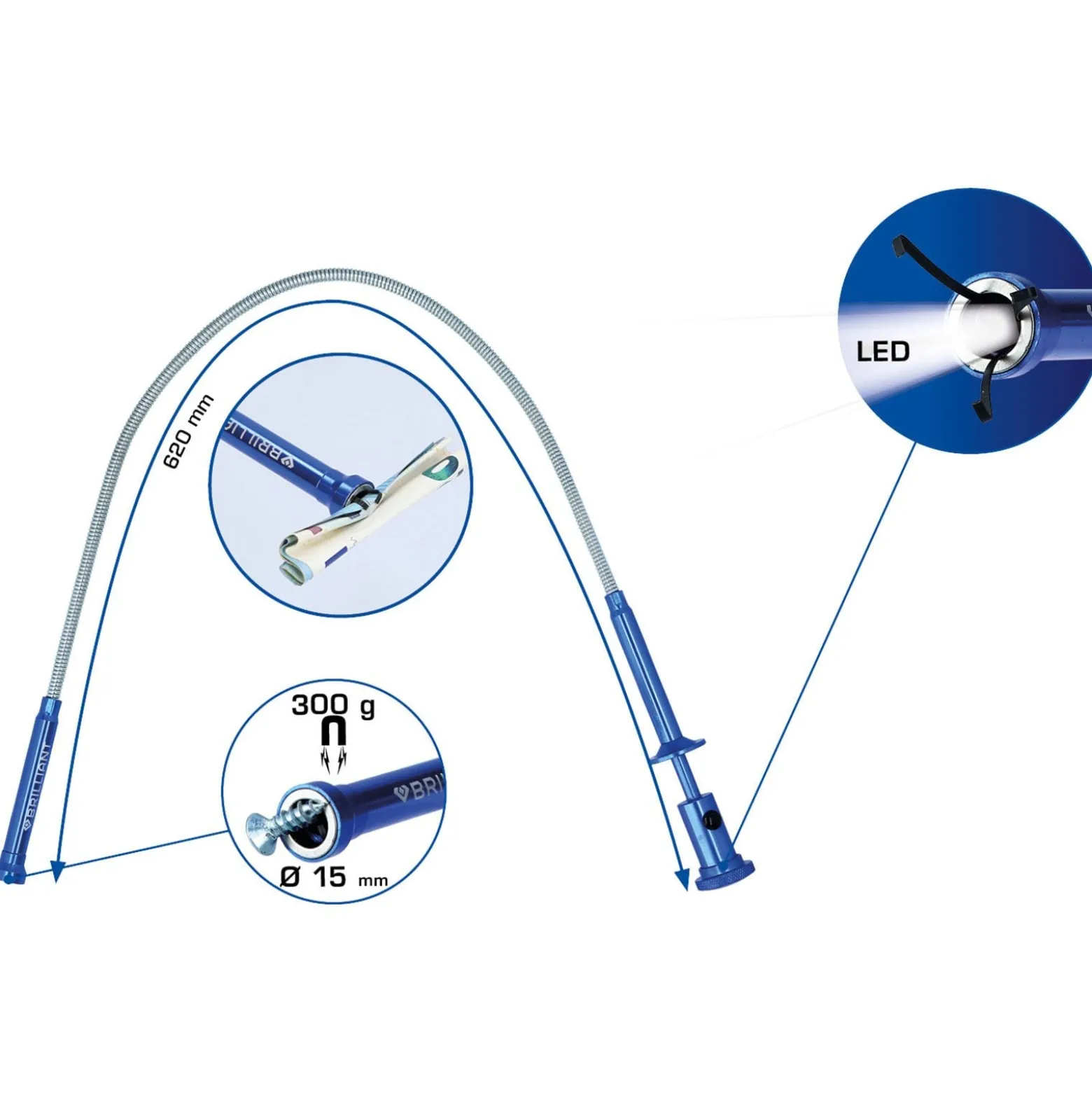 BRILLIANT TOOLS Krallengreifer mit Magnet und LED starr - BT115907