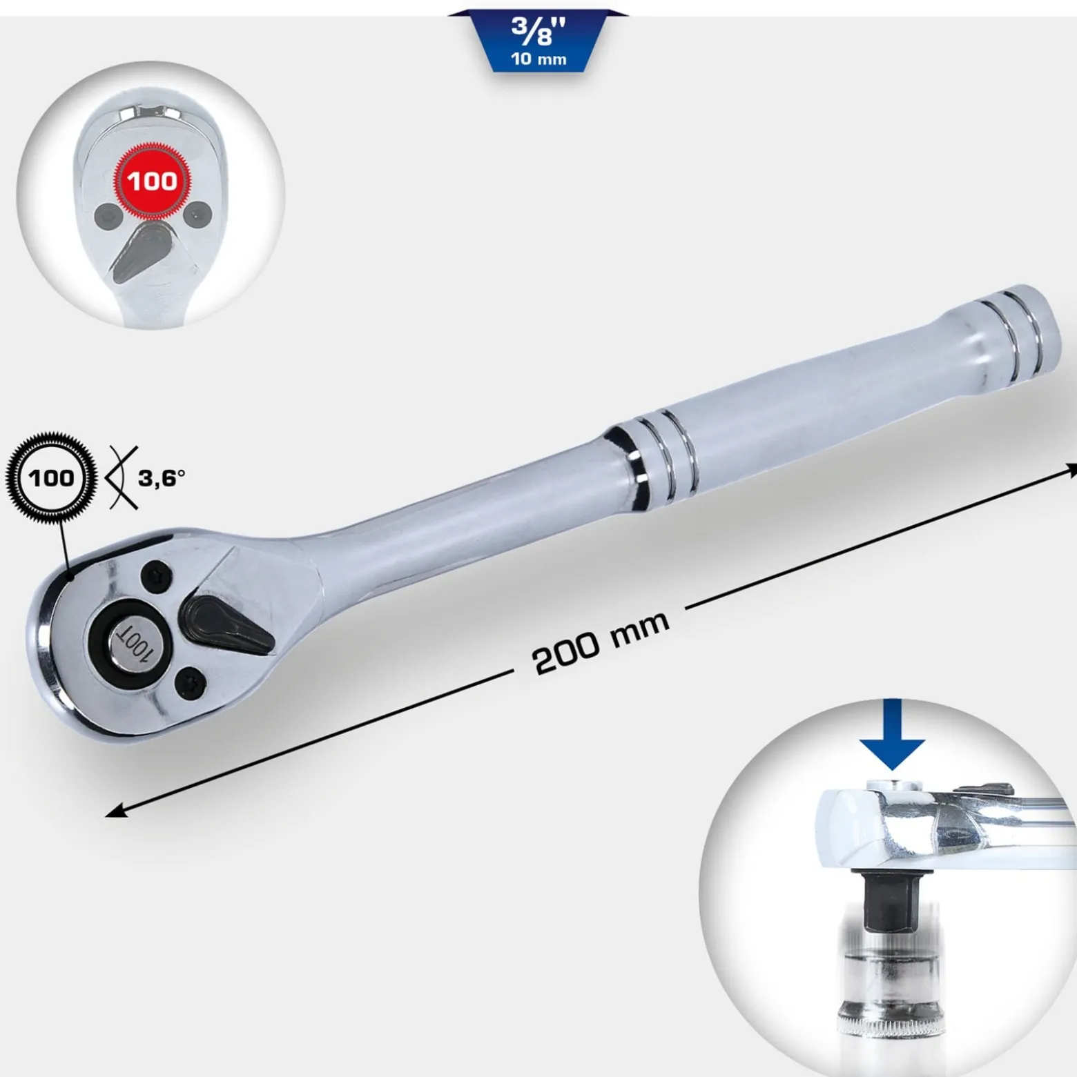 BRILLIANT TOOLS 3/8" Umschaltknarre mit Metallgriff 100 Zahn - BT021995