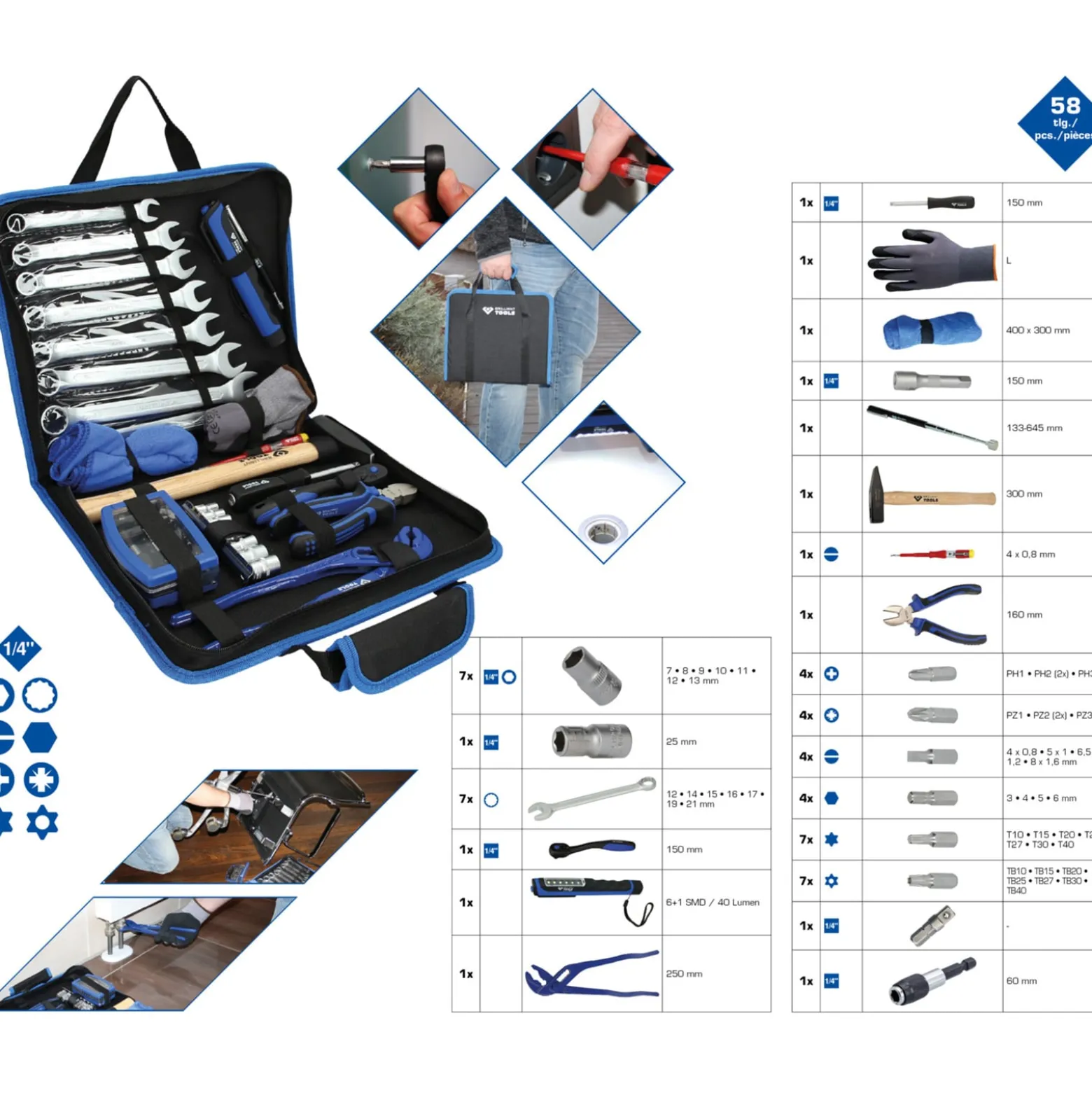 BRILLIANT TOOLS Universal-Werkzeug-Satz 58tlg. in Nylontasche