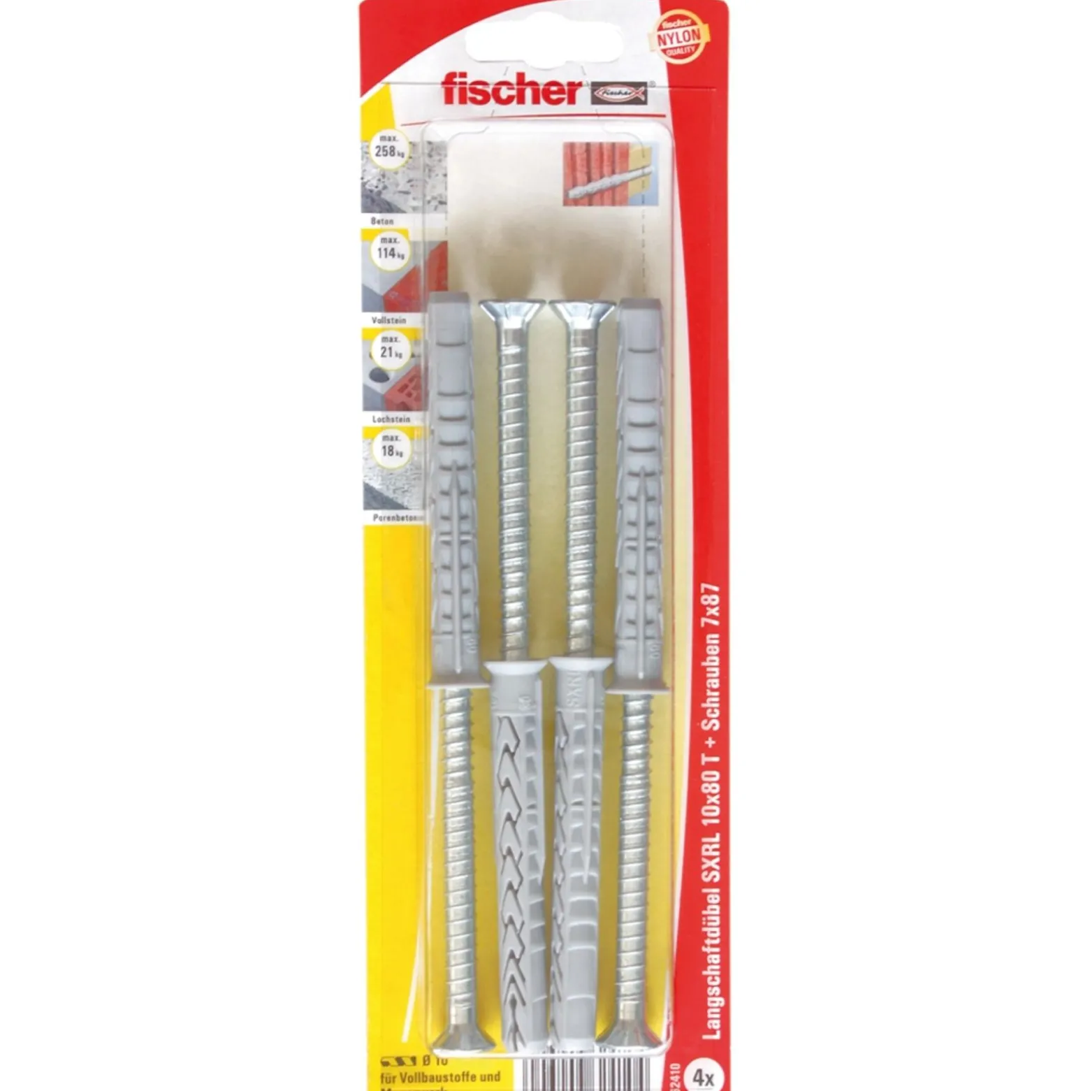 Fischer 4x Langschaftdübel SXRL 10x80 T Senkkopfschraube - 62410