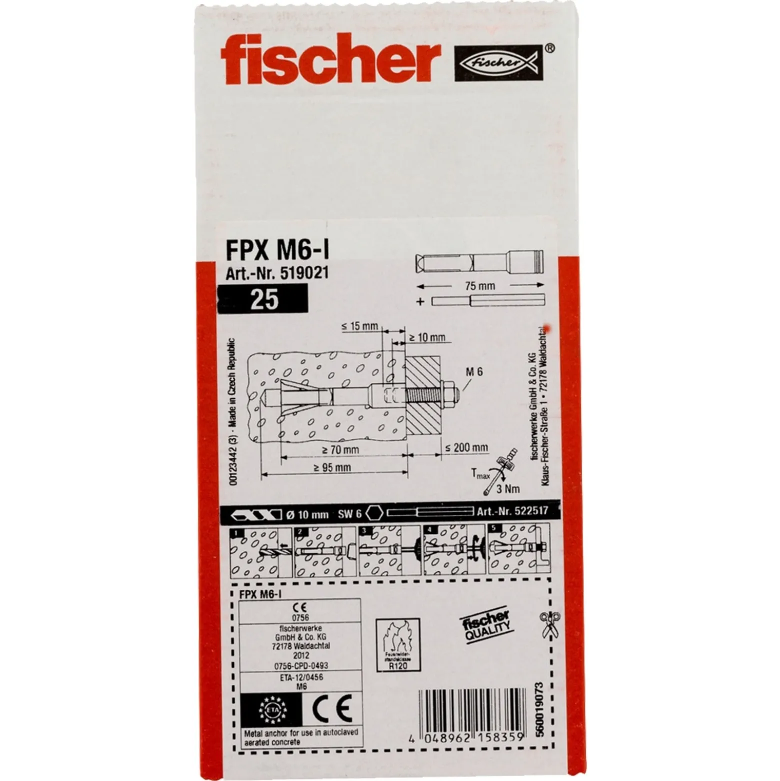 Fischer 25x Porenbetonanker FPX M12 I - 519024