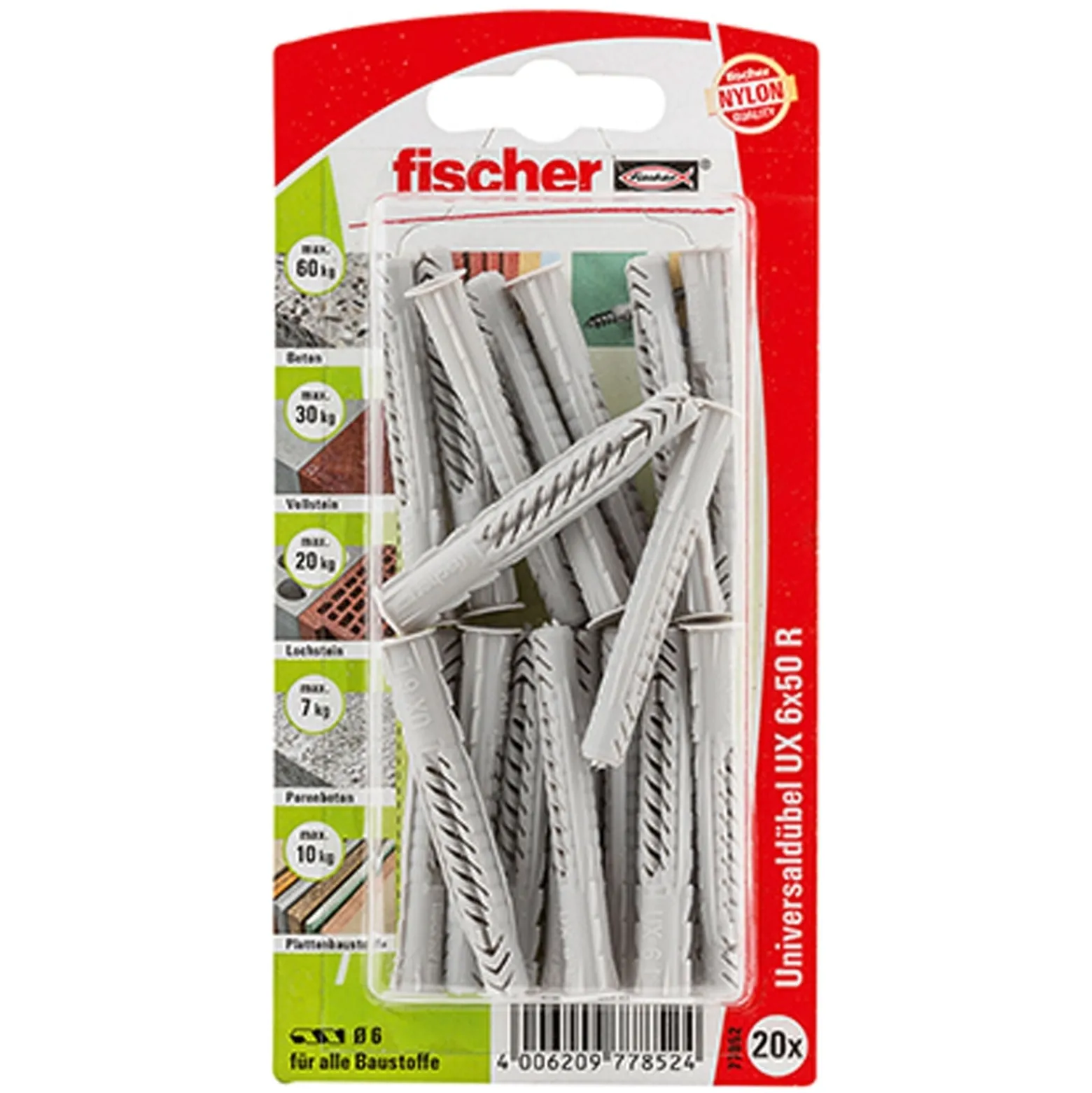 Fischer 20x Universaldübel UX 6 x 50 mm R mit Rand - 77852