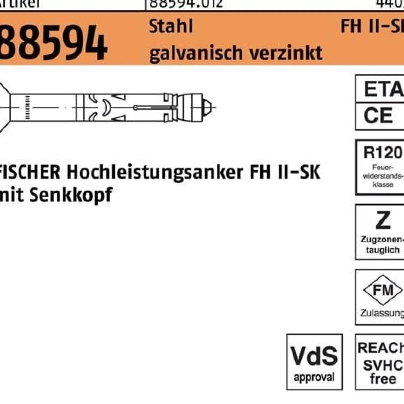Hochleistungsanker R 88594 FH II 15/15 SK Stahl galv.verz. 25St. FISCHER