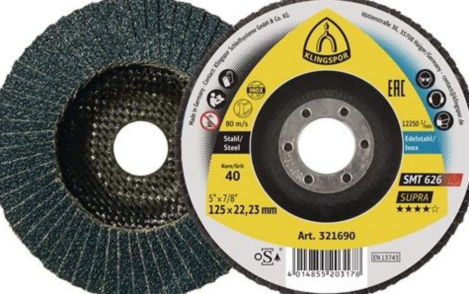 KLINGSPOR Fächerscheibe SMT 626 Supra Ø 115 mm Körnung 60 6° konisch INOX Zirkonkorund - 321694