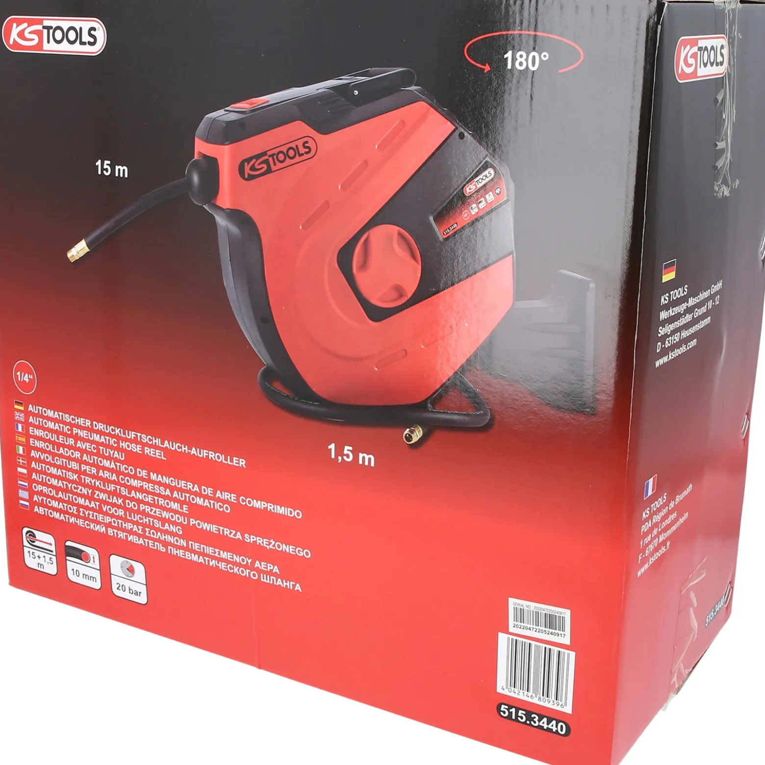 KS TOOLS Automatischer Druckluftschlauch-Aufroller Ø 10 mm x 15 m - 515.3440