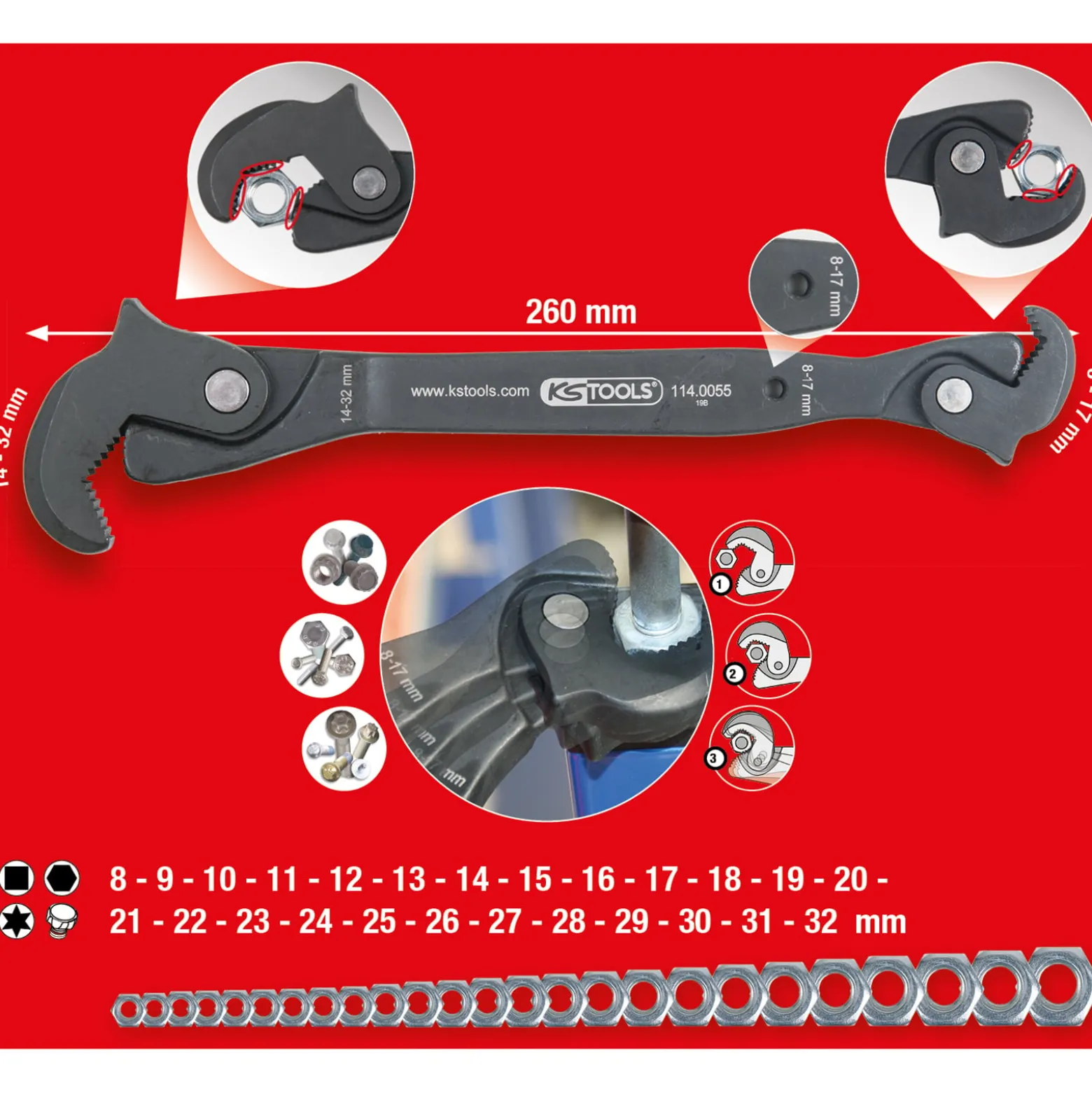 KS TOOLS Einhand-Multifunktions-Schlüssel 8-17/14-32 mm - 114.0055