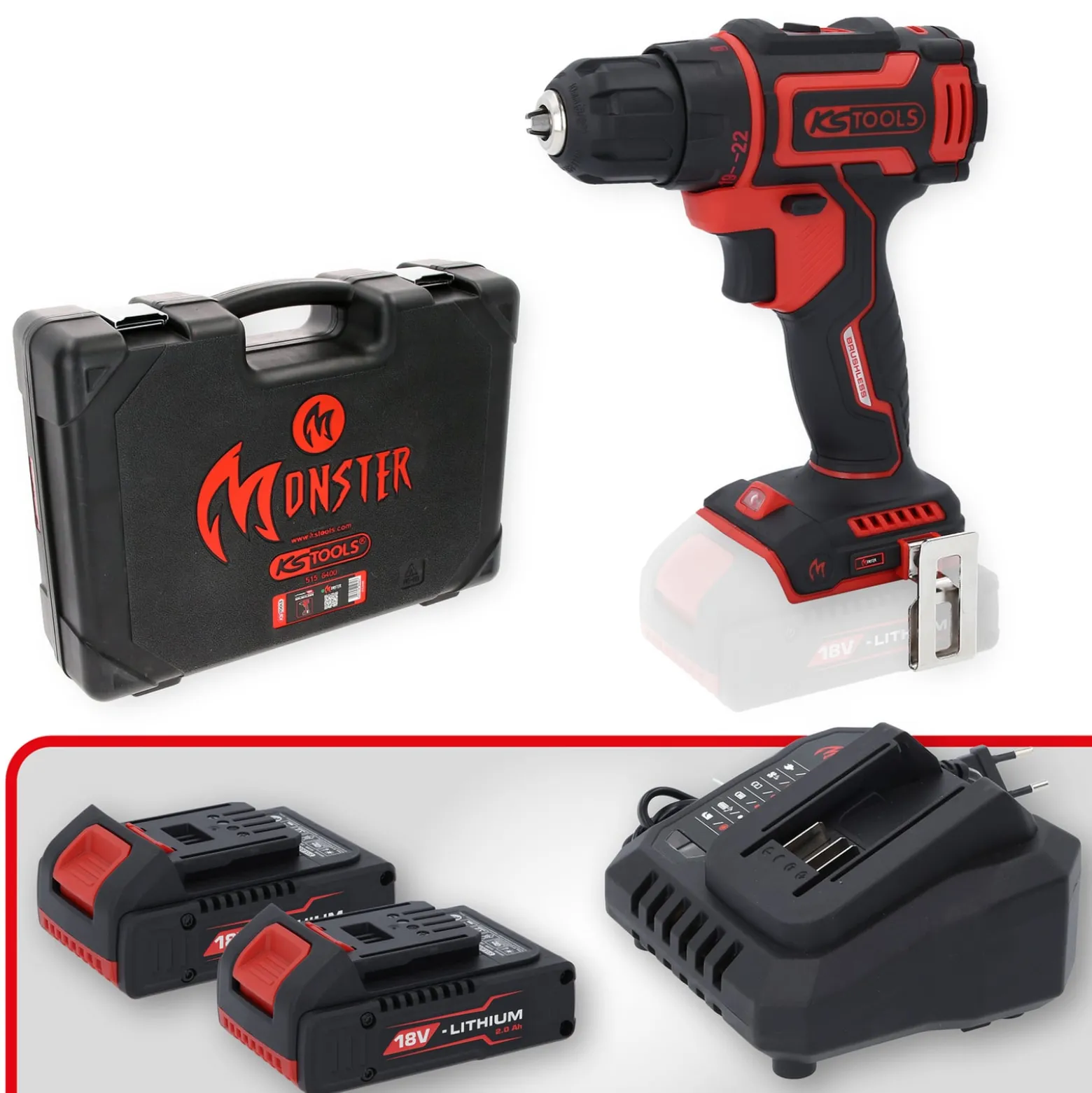 KS TOOLS eMONSTER Brushless-Akku-Bohr-Schrauber-Satz 4tlg. - 515.6400