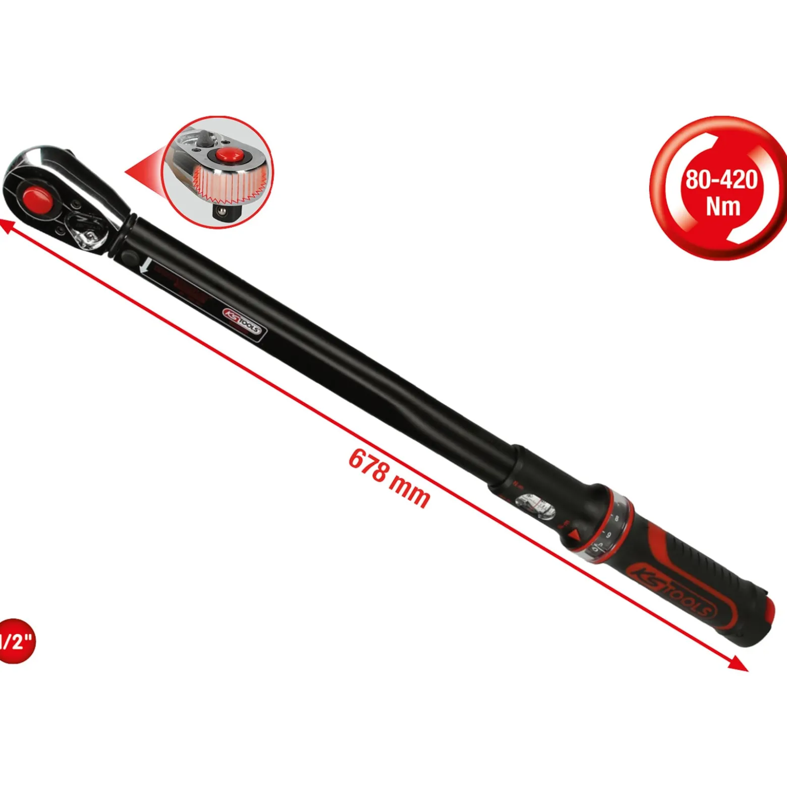 KS TOOLS 1/2" ERGOTORQUEprecision Ratschen-Drehmomentschlüssel 80 - 420 Nm - 516.1582