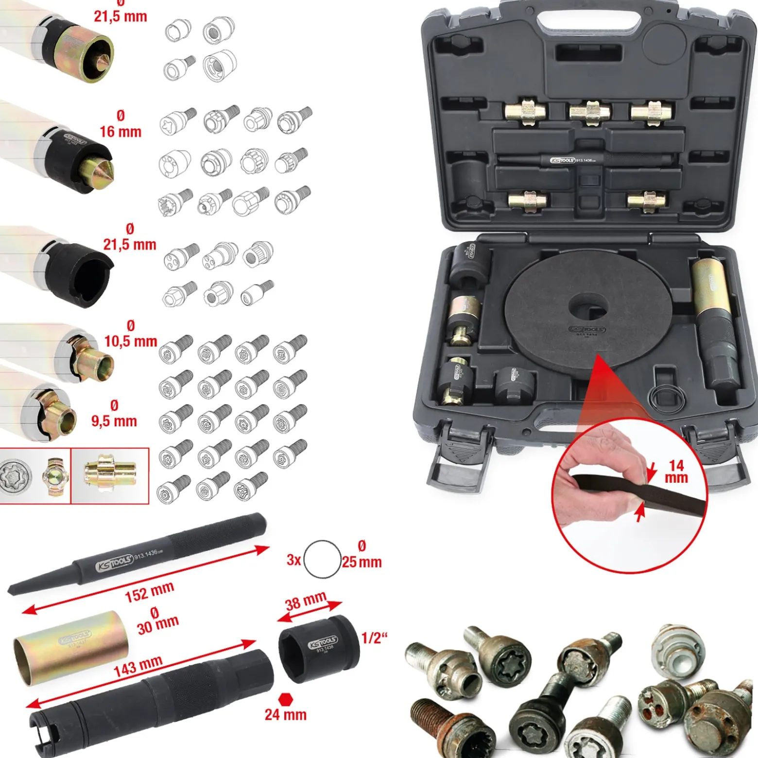 KS TOOLS Felgenschloss-Demontage-Satz 15tlg. - 913.1430