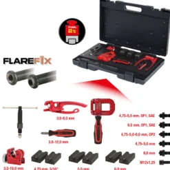 KS TOOLS Flarefix 1 Universal-Bremsleitungs-Bördelgerät-Satz mit Hydraulik-Spindel 16tlg. - 122.1290