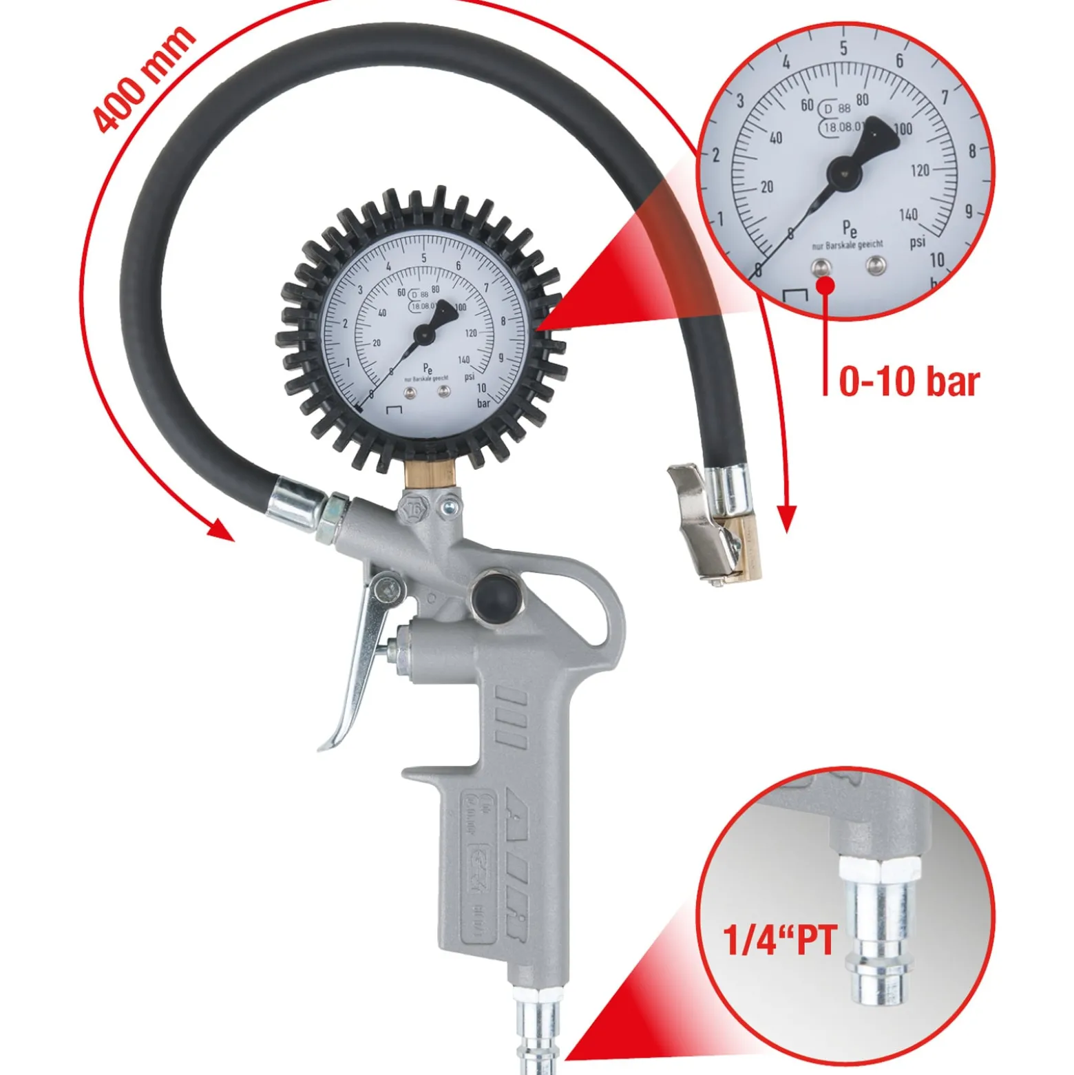 KS TOOLS Geeichter Druckluft-Reifenfüllmesser 0-10 bar - 515.1960