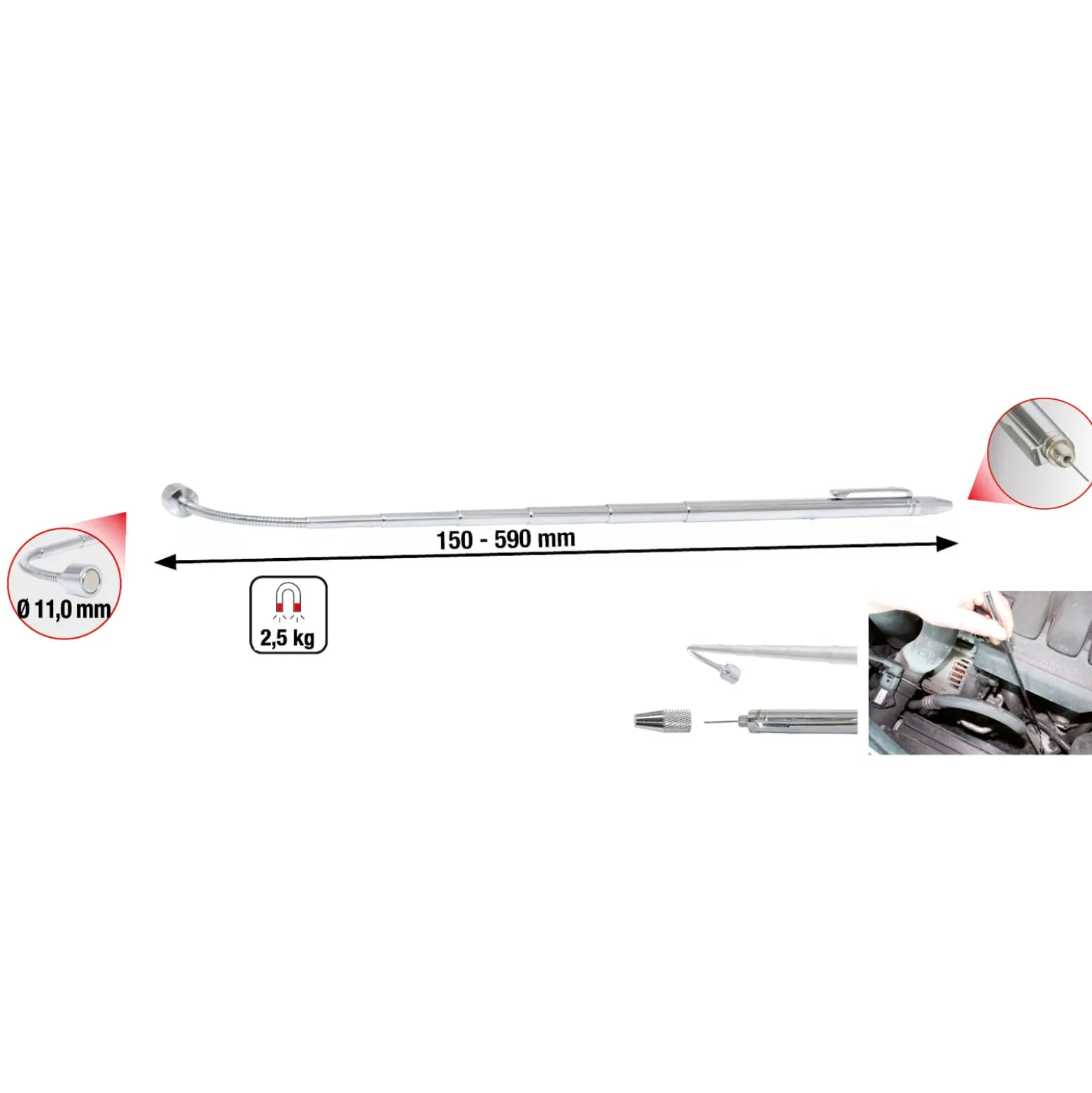 KS TOOLS 2in1 Teleskop-Magnetheber mit Waschdüsen-Reinigungs- und Einstellwerkzeug 150-590 mm - 550.1023