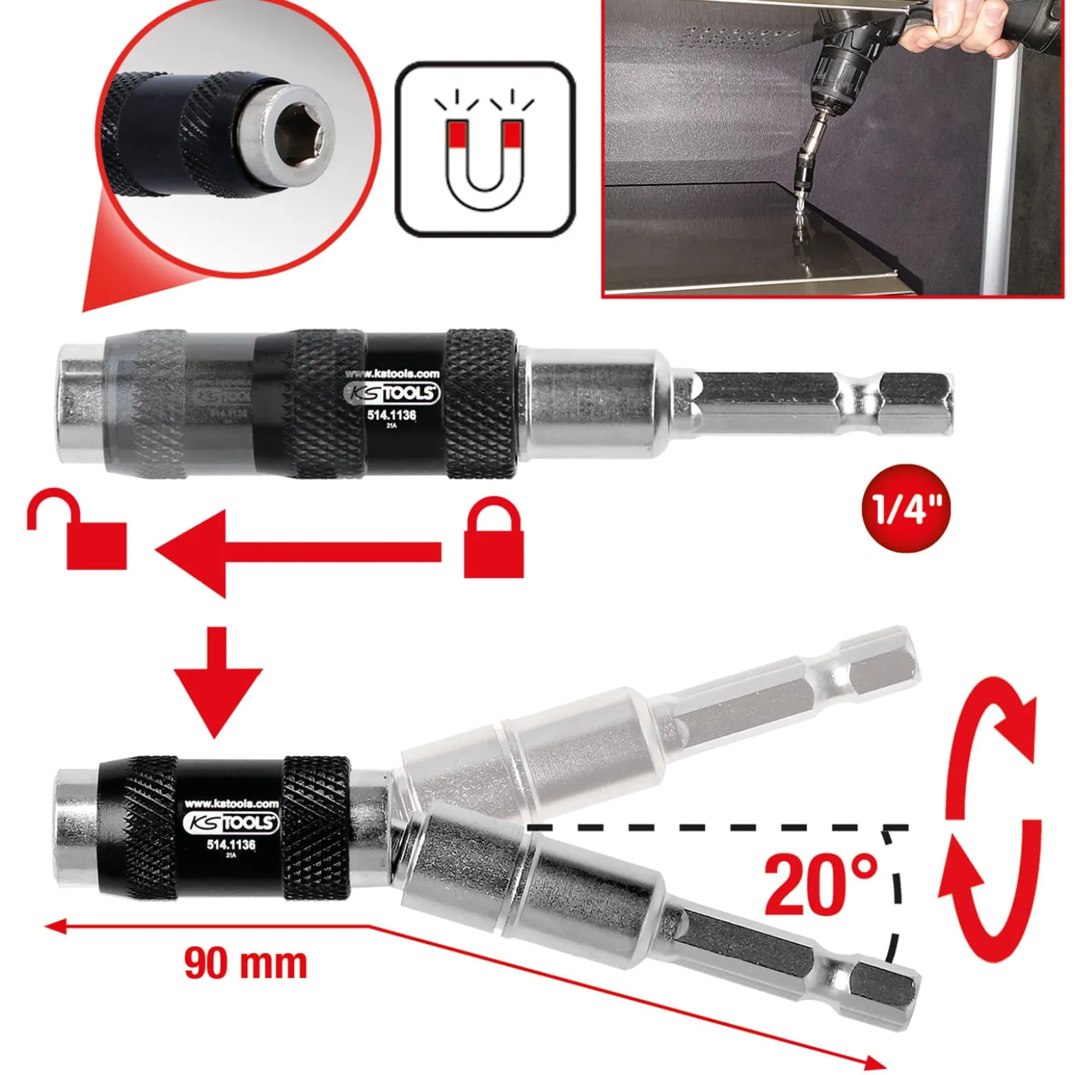 KS TOOLS 1/4" Magnetischer Schnellwechsel-Bithalter mit Gelenk - 514.1136