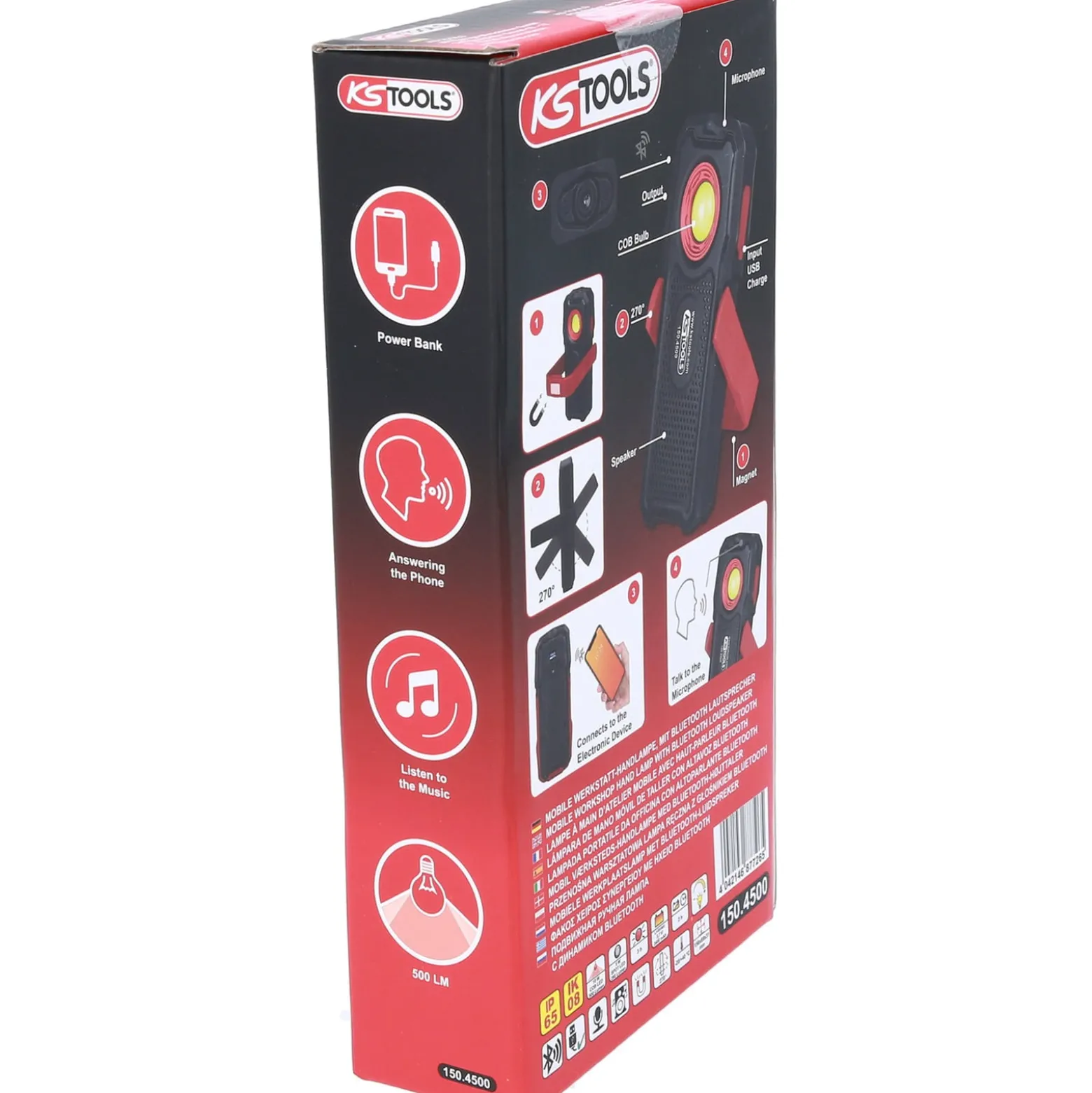 KS TOOLS Mobile Werkstatt-Handlampe 500 Lumen mit Bluetooth Lautsprecher knickbar - 150.4500
