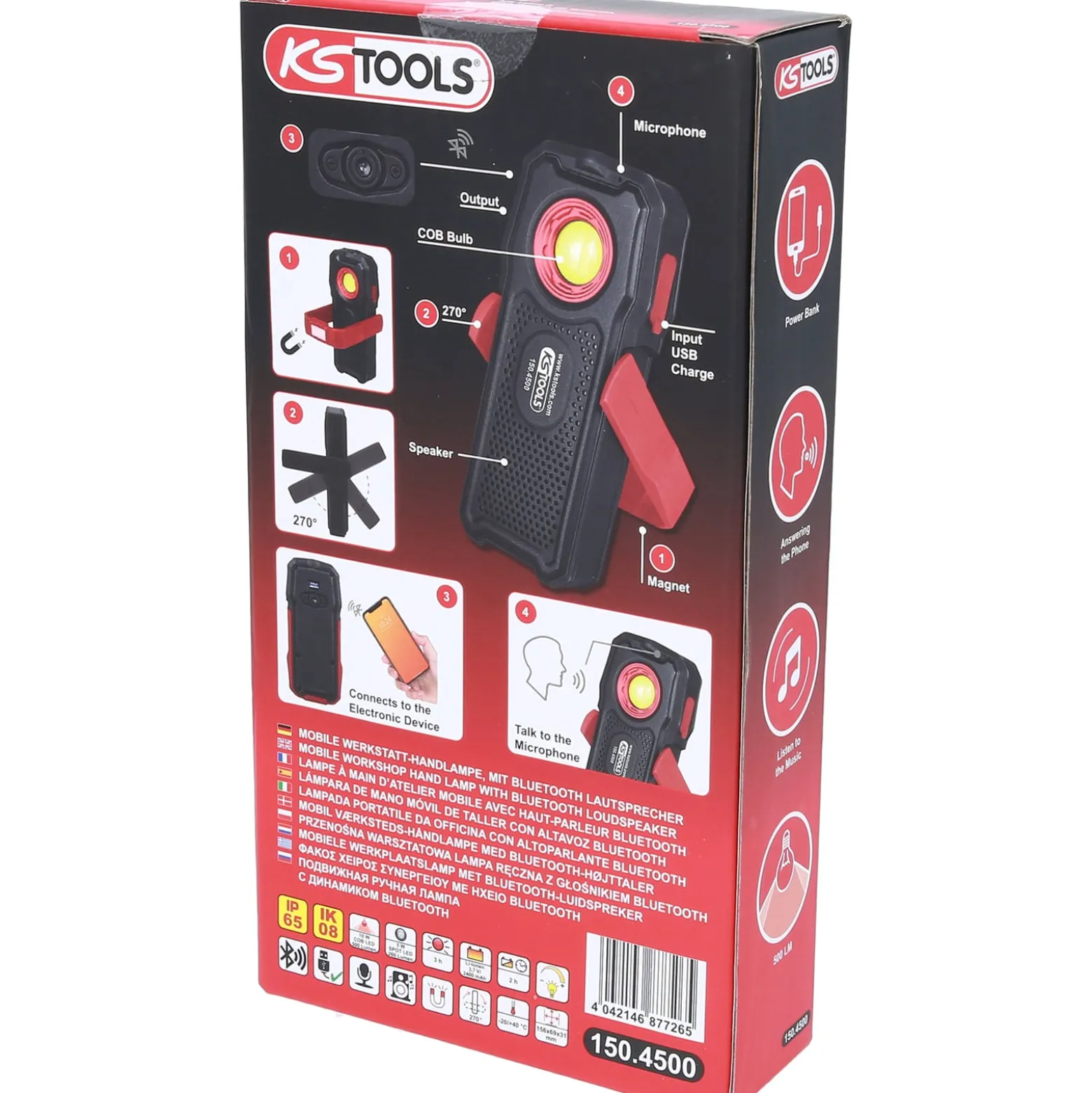KS TOOLS Mobile Werkstatt-Handlampe 500 Lumen mit Bluetooth Lautsprecher knickbar - 150.4500