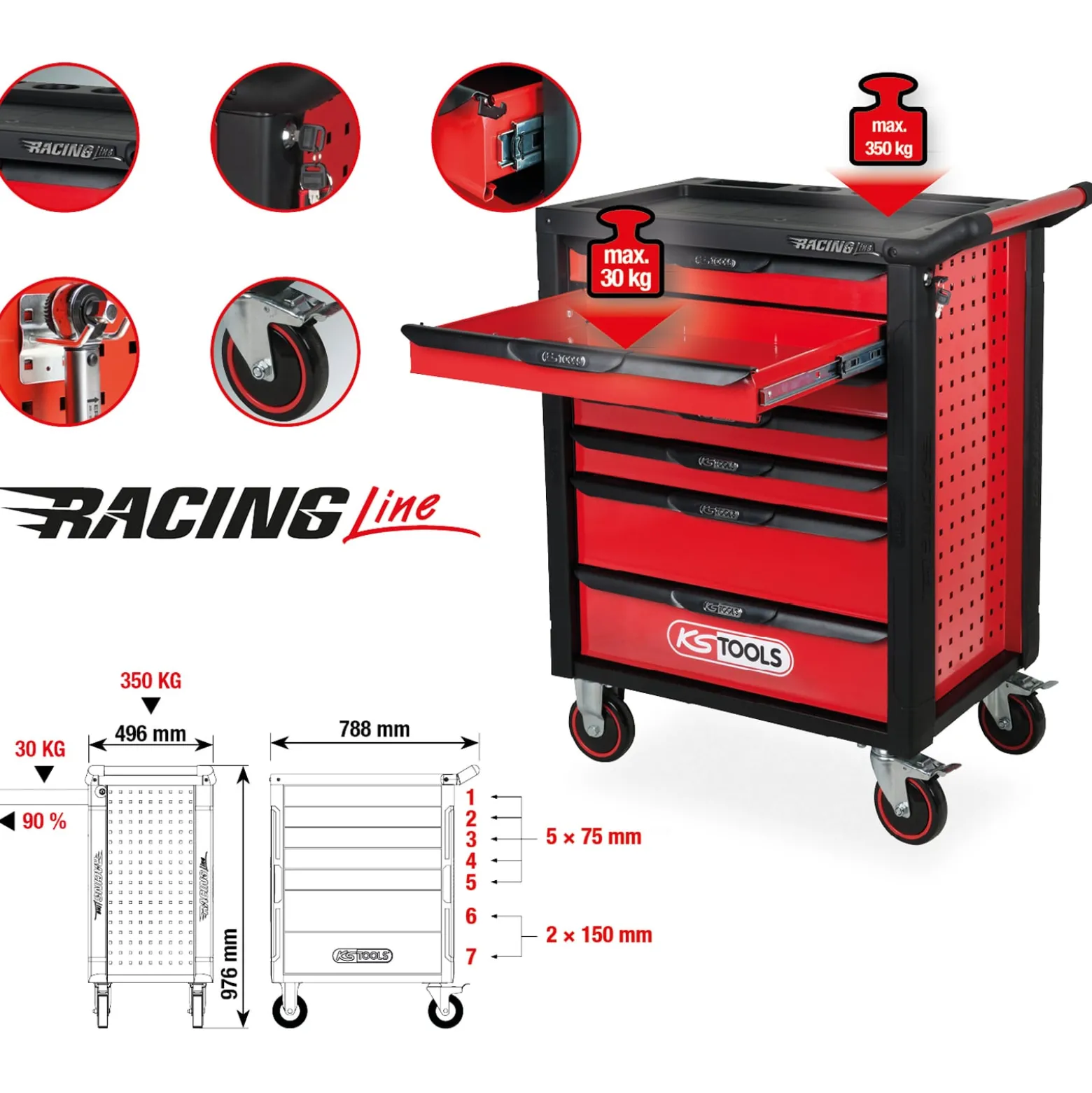 KS TOOLS RACINGline SCHWARZ/ROT Werkstattwagen mit 7 Schubladen - 826.0007