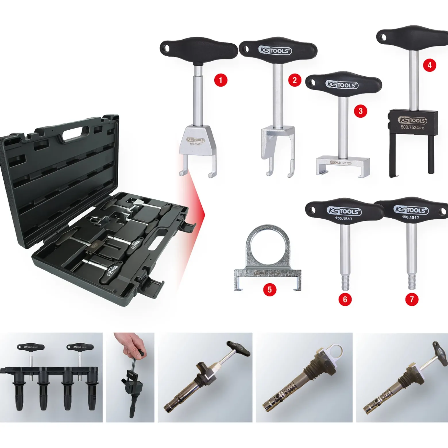 KS TOOLS T-Griff-Zündspulen-Abzieher-Satz für VAG und Opel Motoren 7tlg. - 500.7570