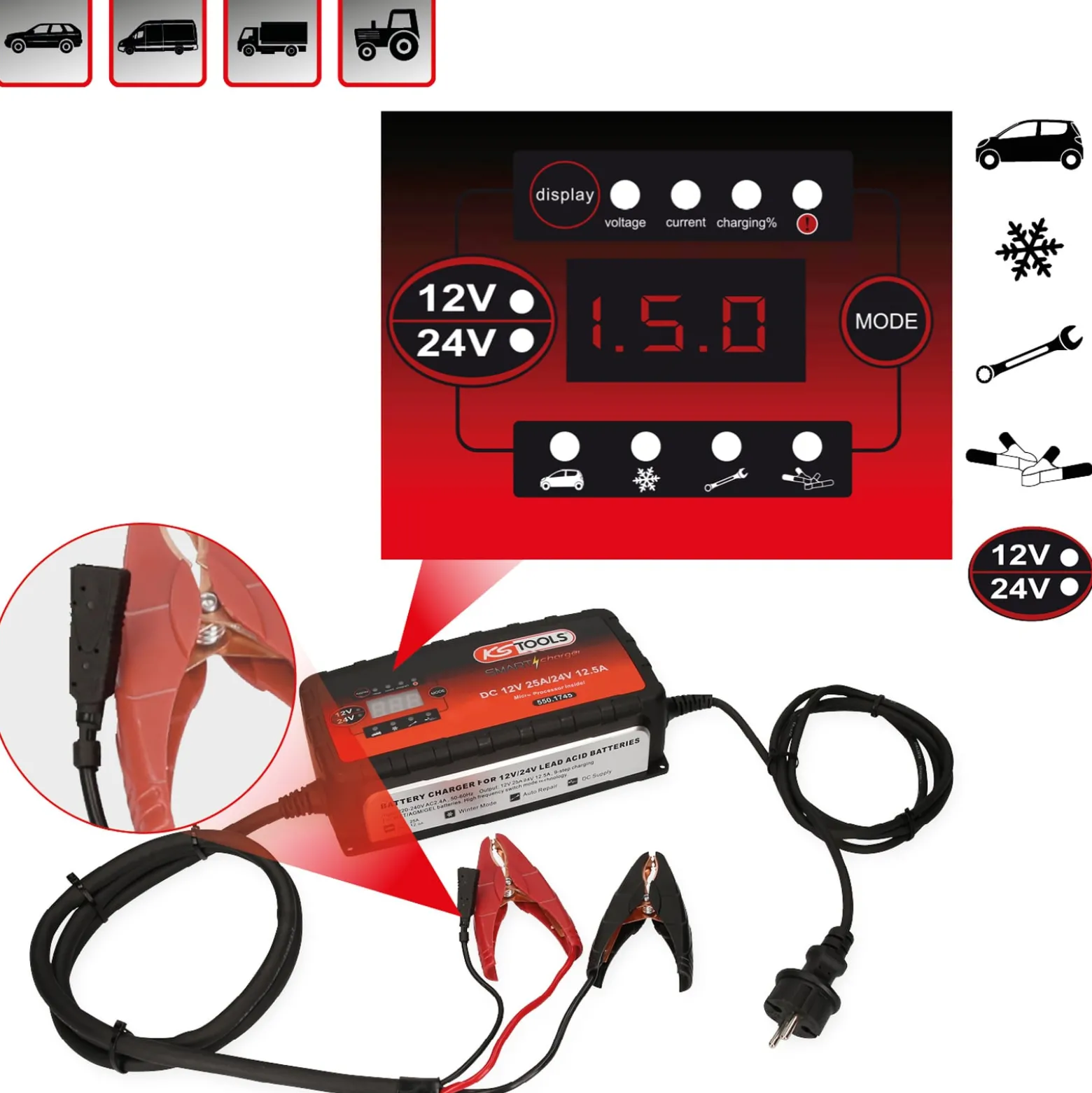 KS TOOLS 12V + 24V SMARTcharger Hochfrequenz-Batterieladegerät 25A/12,5A - 550.1745