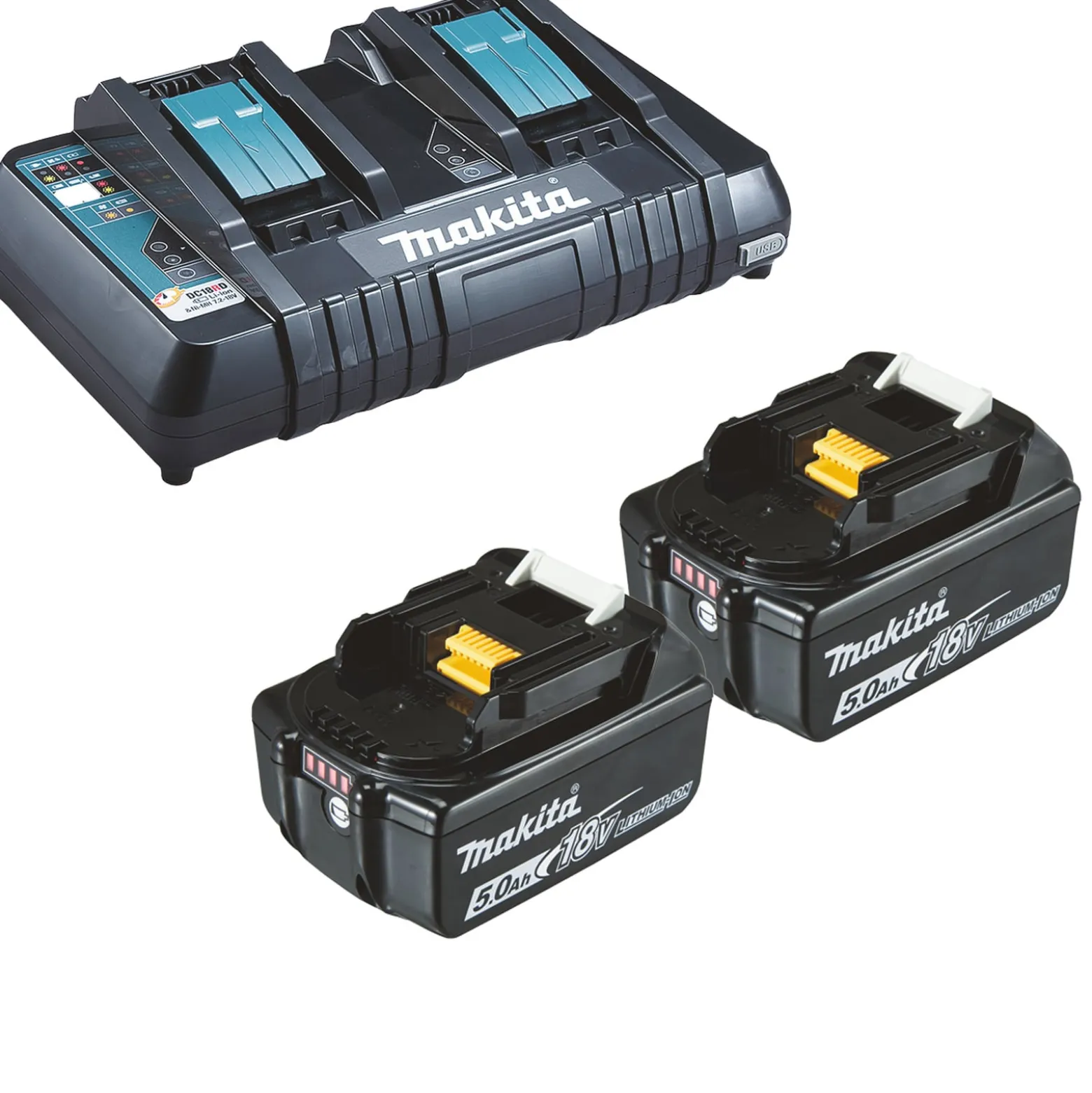 Makita 2x BL1850B Akku 5,0 Ah 18V Li-Ion + DC18RD Doppelschnellladegerät - DC18RD-BL1850-2x