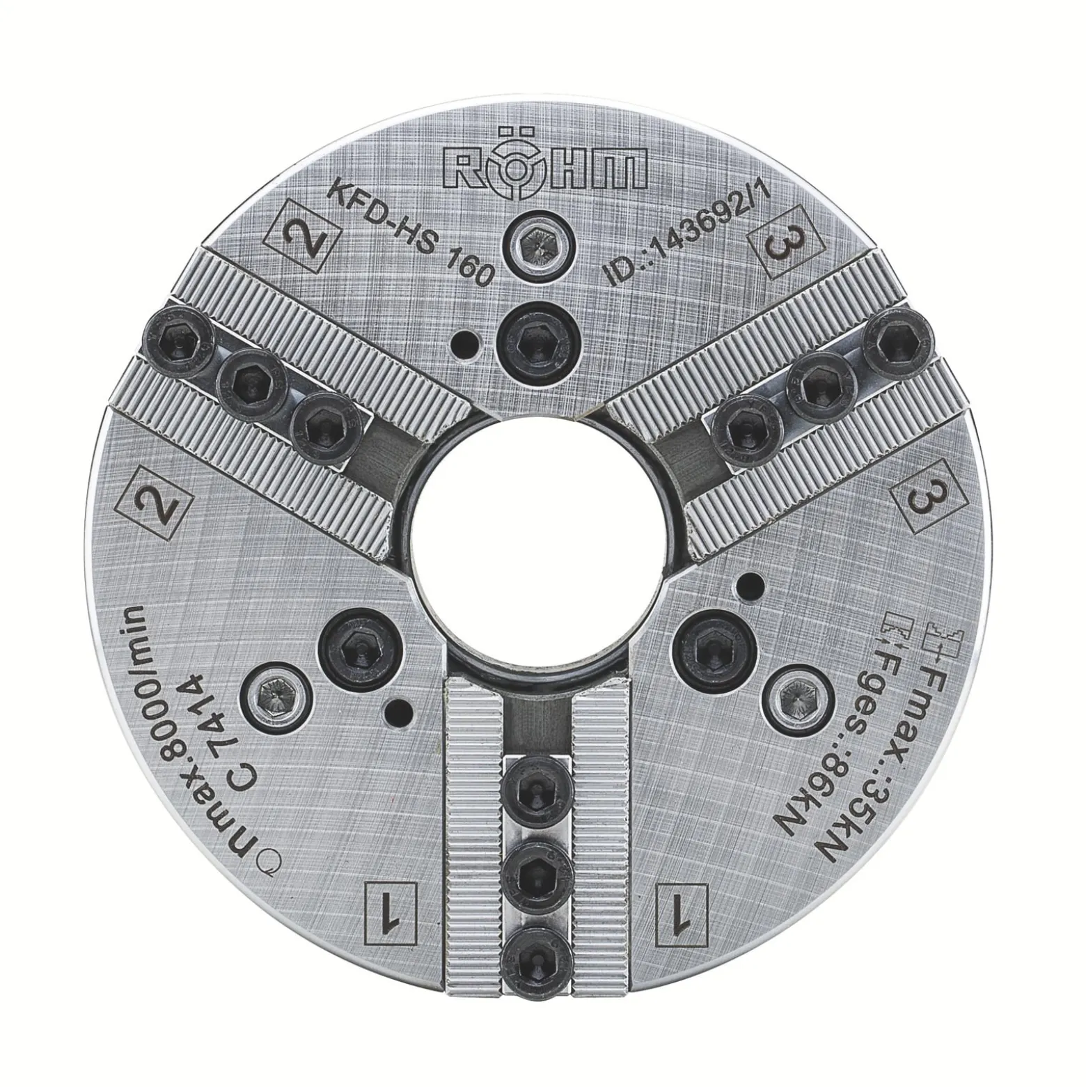 Röhm Kraftspannfutter KFD-HS 110, 3-Backen, Spitzverzahnung 90°, Zylindrische Zentrieraufnahme - 149406