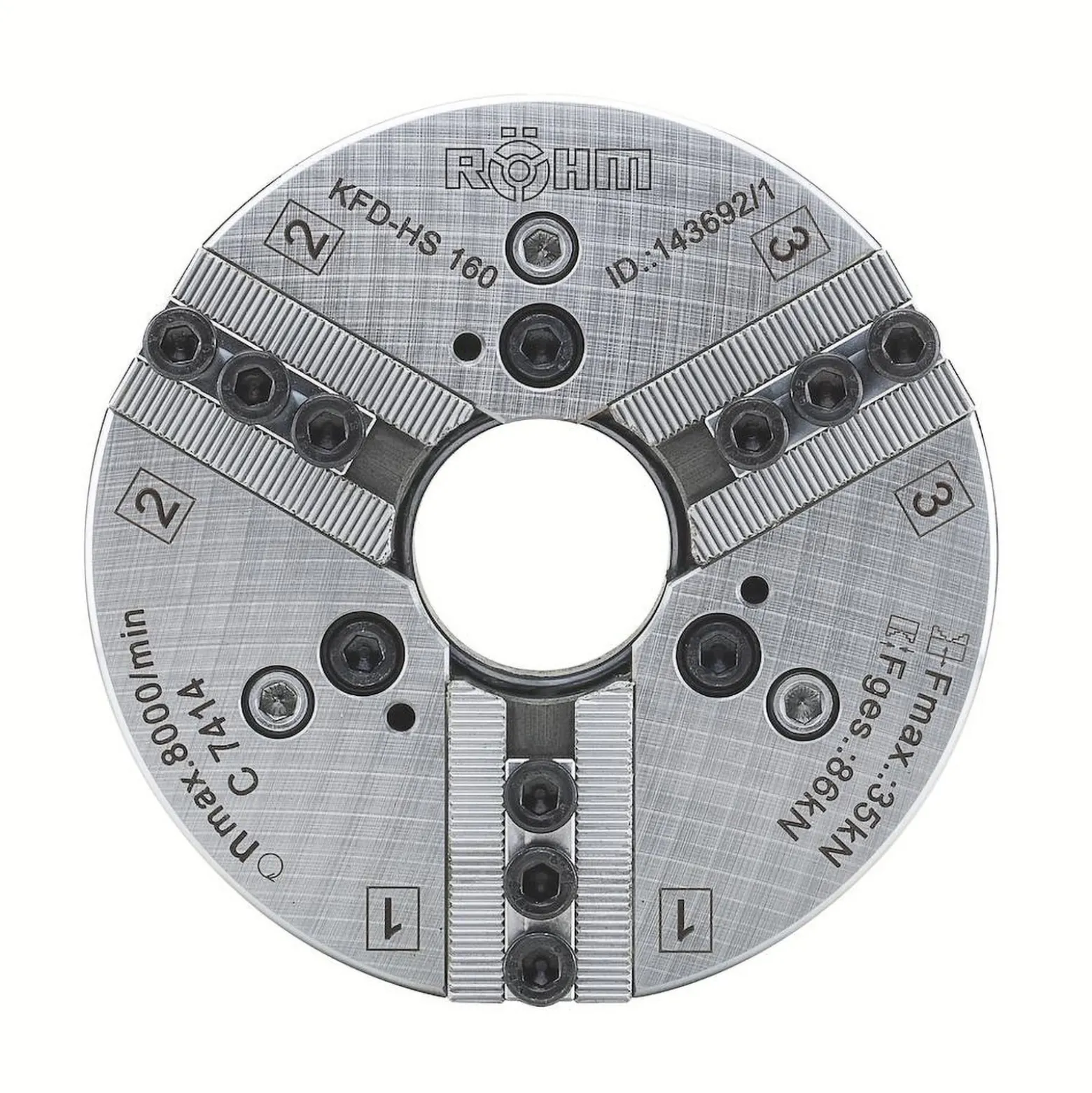 Röhm Kraftspannfutter KFD-HS 110, 3-Backen, Spitzverzahnung 90°, Zylindrische Zentrieraufnahme - 149406