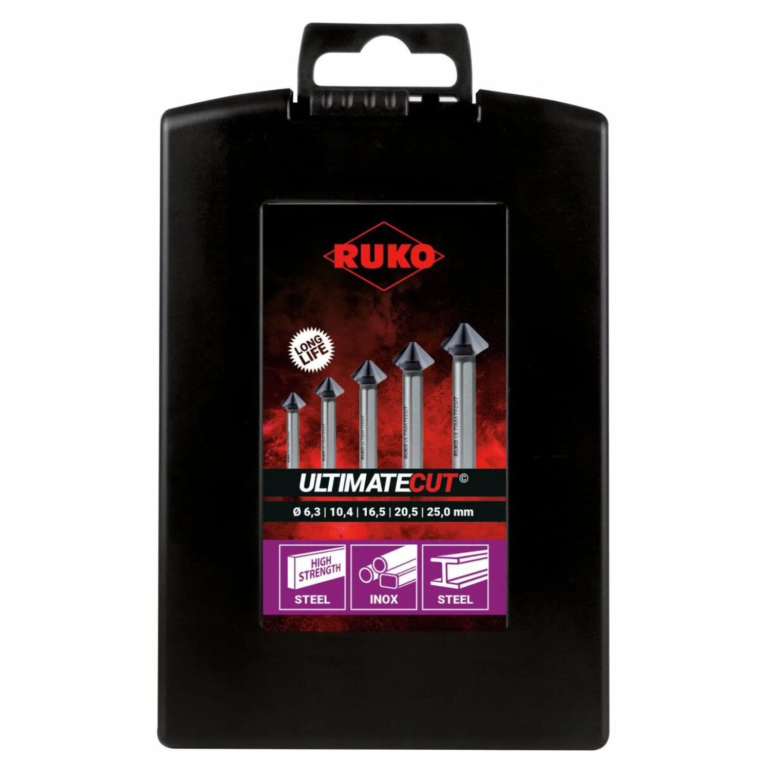 RUKO Kegel- und Entgratsenker-Satz ULTIMATECUT 5tlg. DIN 335 Form C 90° HSSE-Co 5 RUnaTEC Ø 6,3 - 25,0 mm in Kunststoffkassette - 102791EPRO