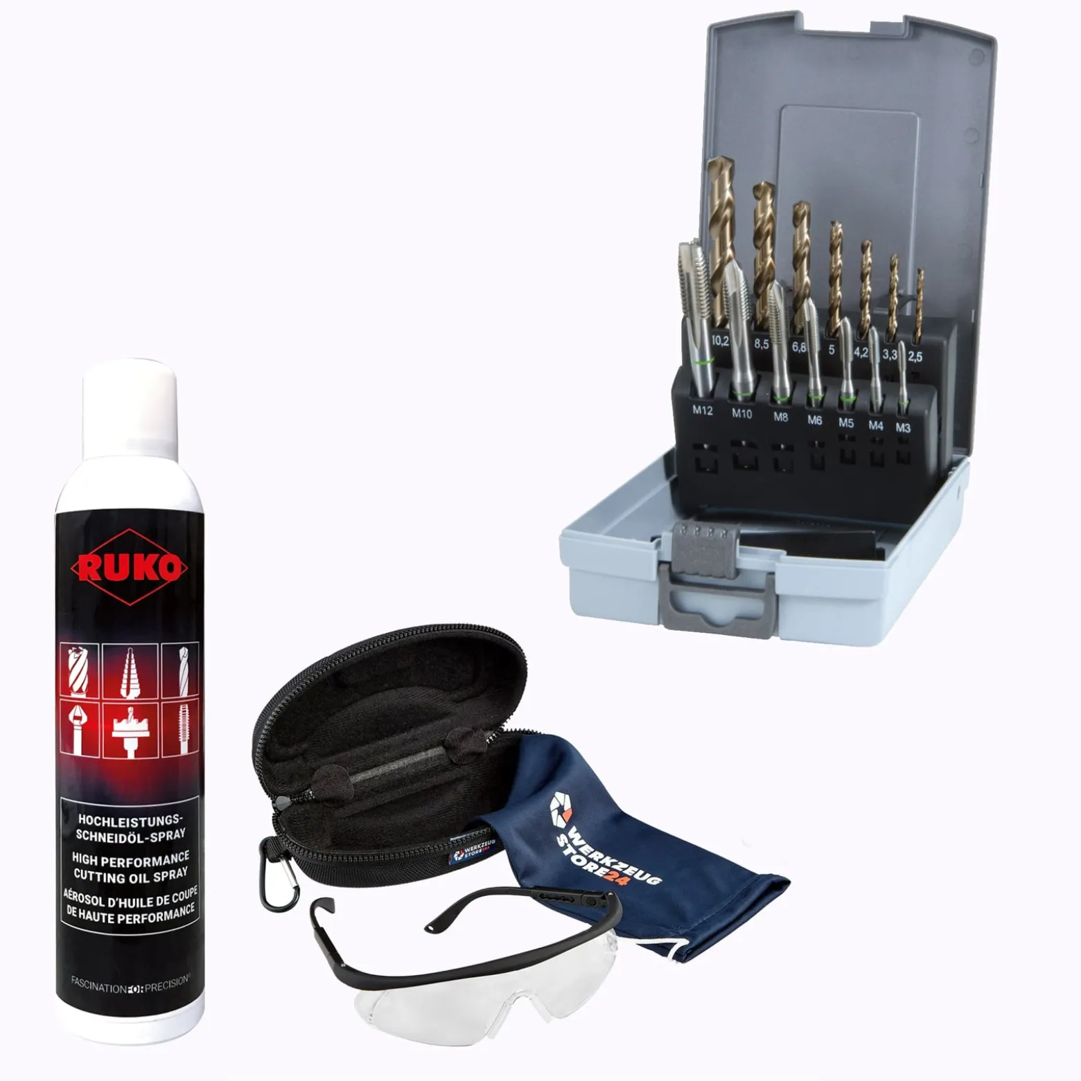 RUKO Maschinengewindebohrer-Set HSS-Co, 14tlg., M3–M12, DIN 371/376 inkl. Spray & Schutzbrille - WZS245051RO