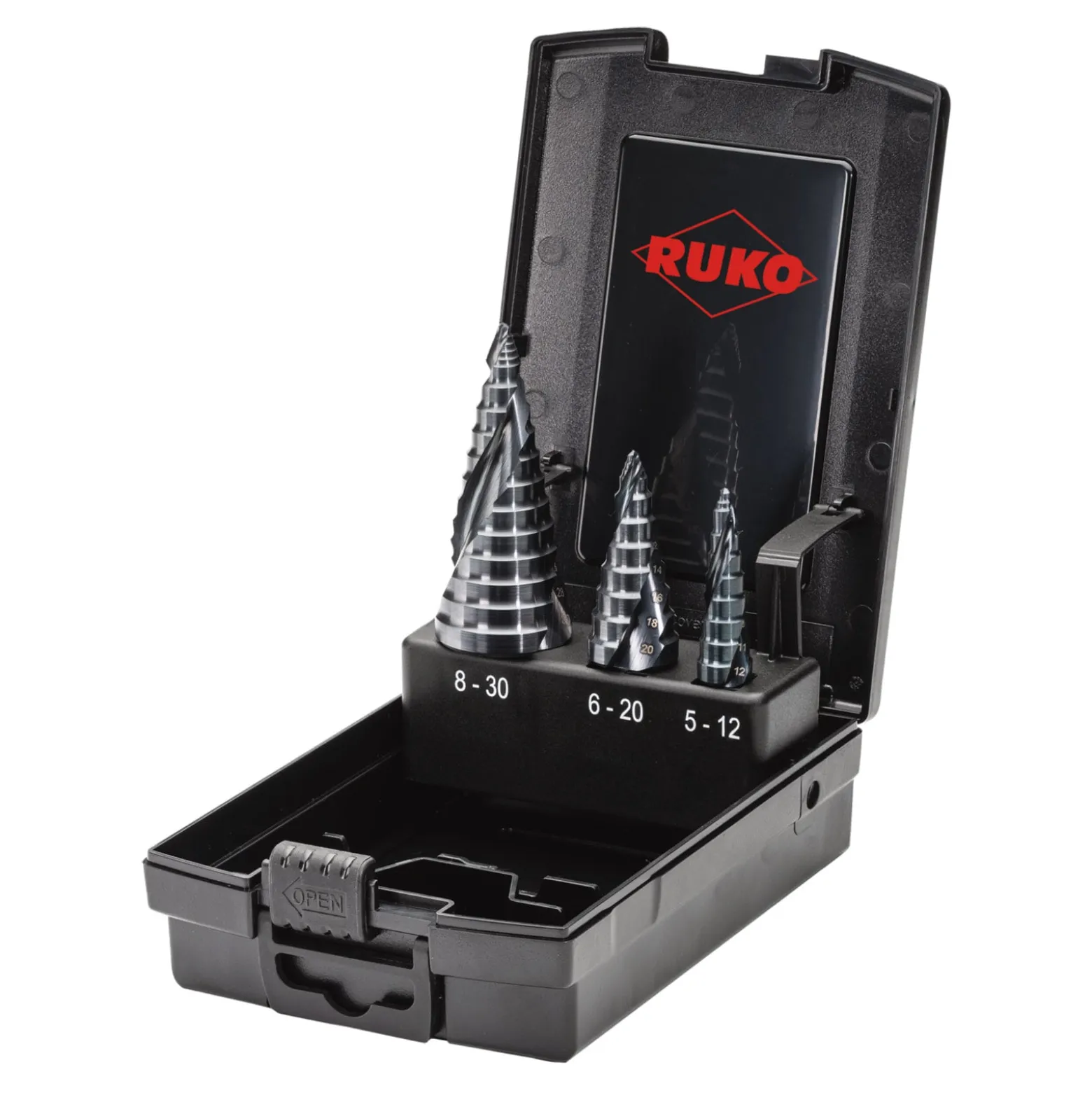 RUKO ULTIMATECUT Stufenbohrer-Satz HSSE-Co 5 RUnaTEC mit FLOWSTEP® Spitze in Kunststoffkassette - 3 tlg. - 101626EPRO