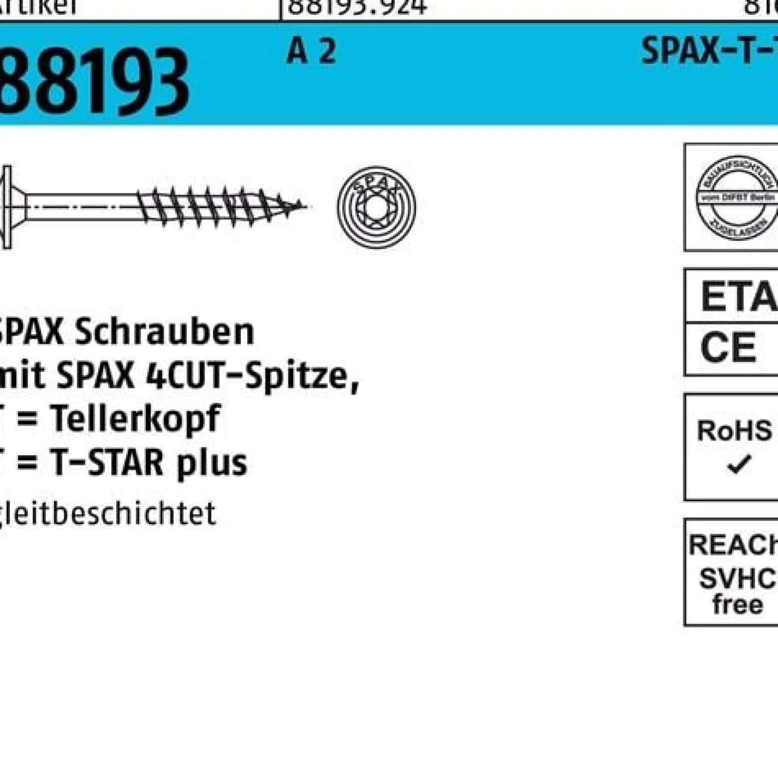 Tellerkopfschraube R 88193 Spitze/T-STAR TG 8x 180/80-T40 A 2 50 Stück SPAX