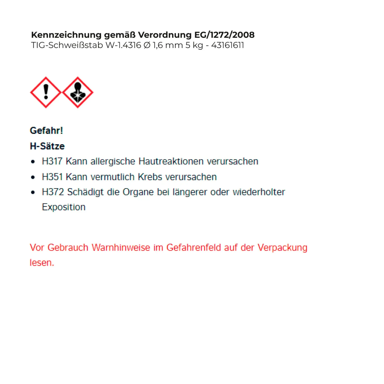 TIG-Schweißstab W-1.4316 Ø 1,6 mm - 43161611
