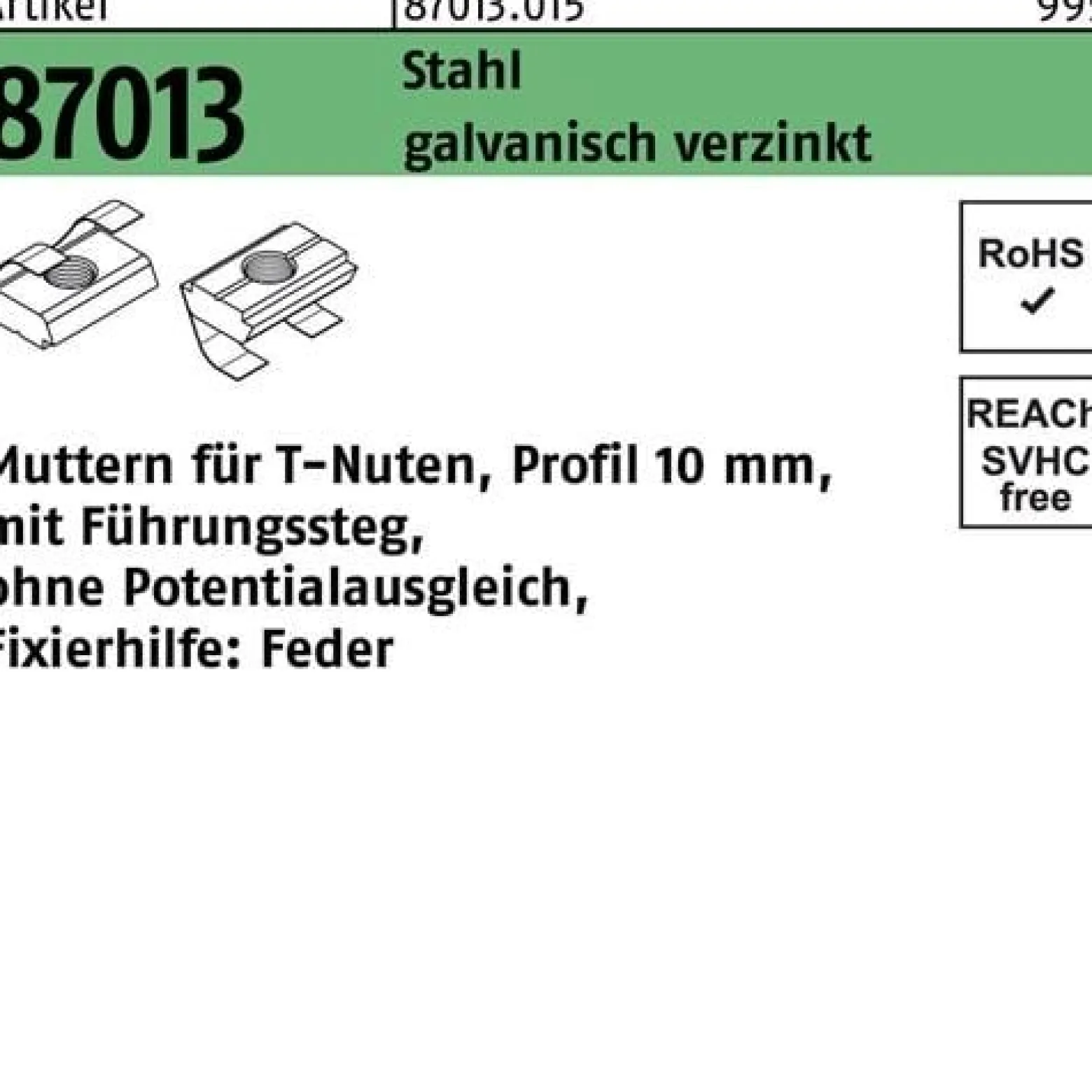 T-Nutenmutter R 87013 Führungssteg/o.Potentialausgl. 10mm M6 galv.verz. 250St.