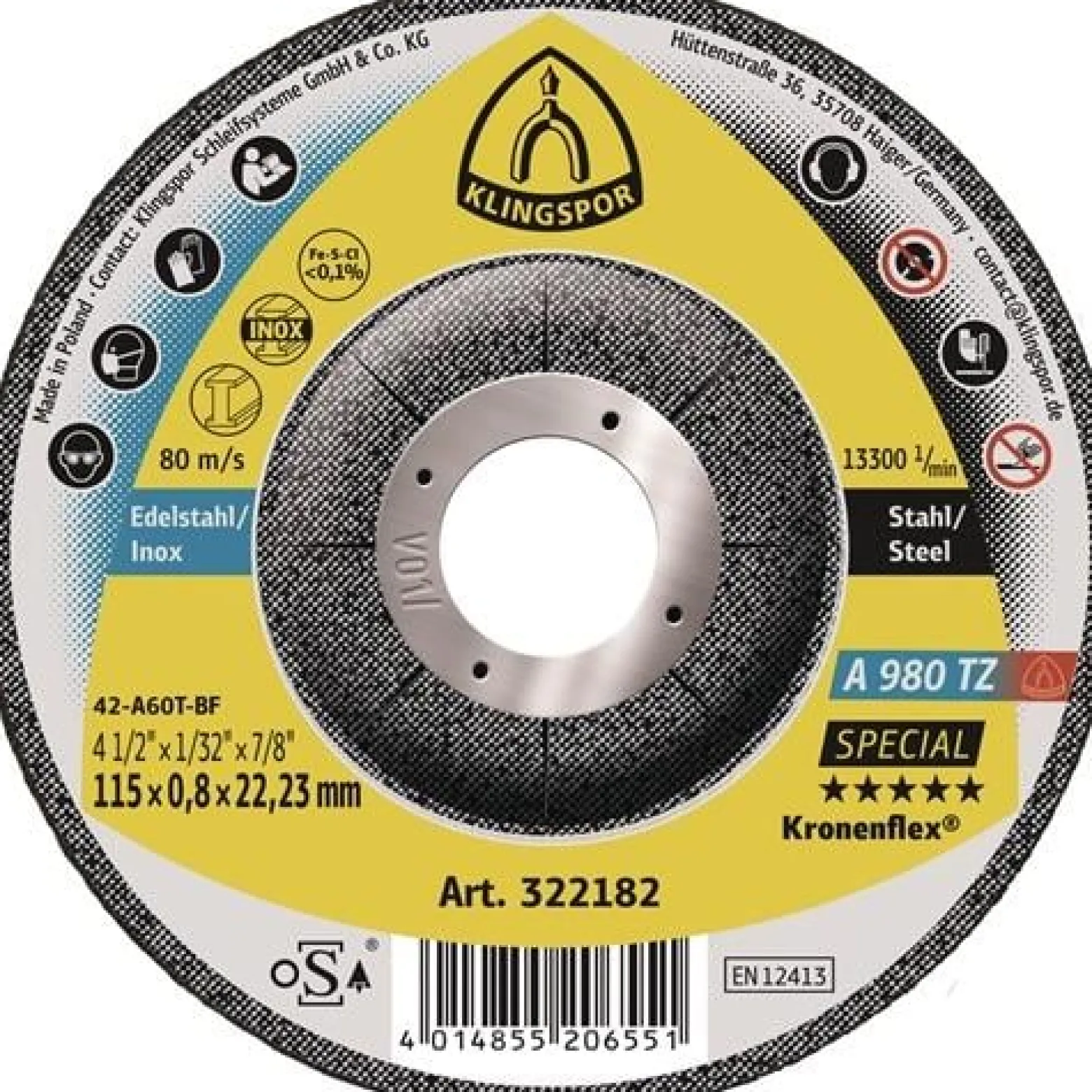 Trennscheibe A 980 TZ Special D125x0,8mm gekr.INOX Bohr.22,23mm KLINGSPOR