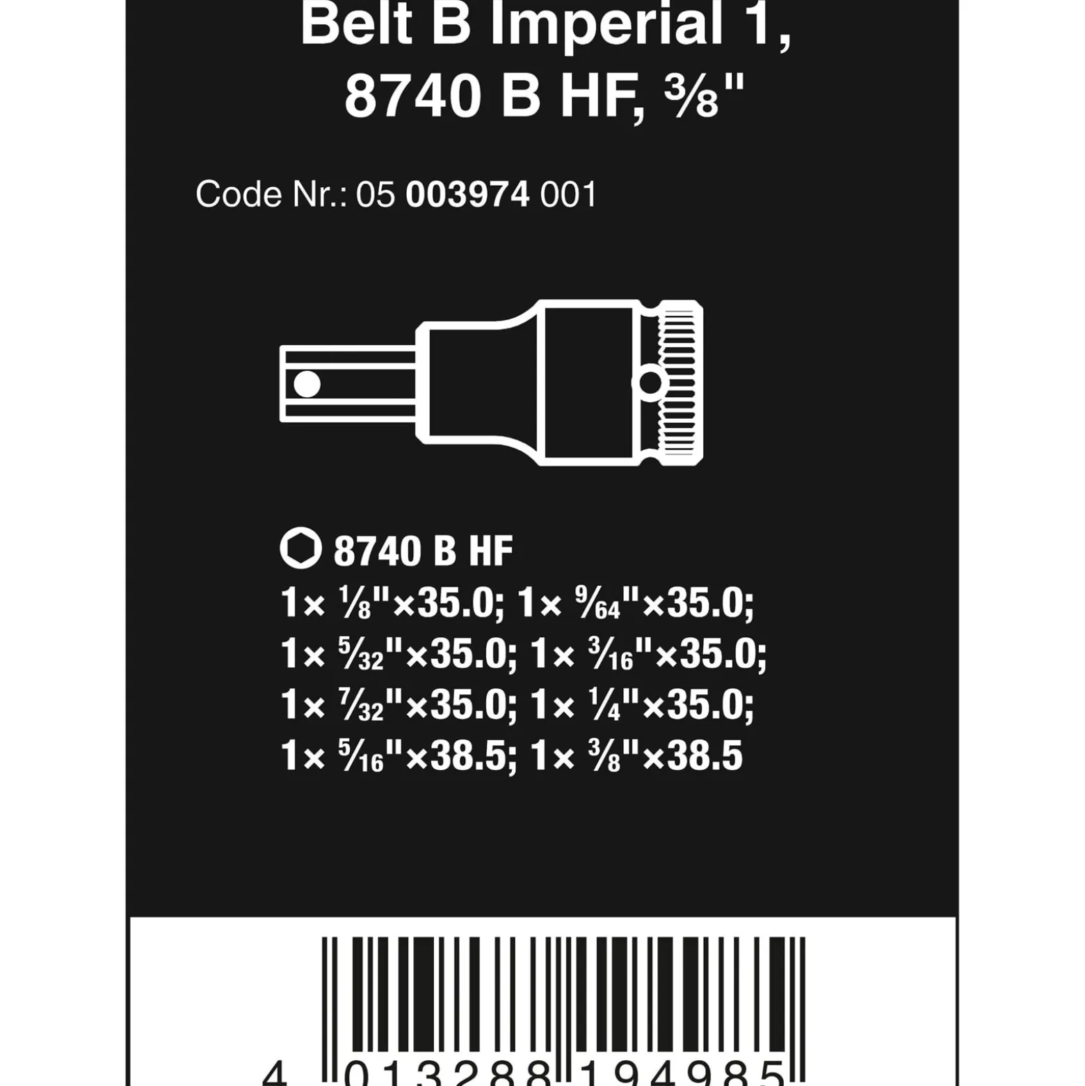 Wera Belt B Imperial 1 Zyklop Bitnuss-Satz Innensechskant, mit Haltefunktion, 3/8"-Antrieb - 05006579001